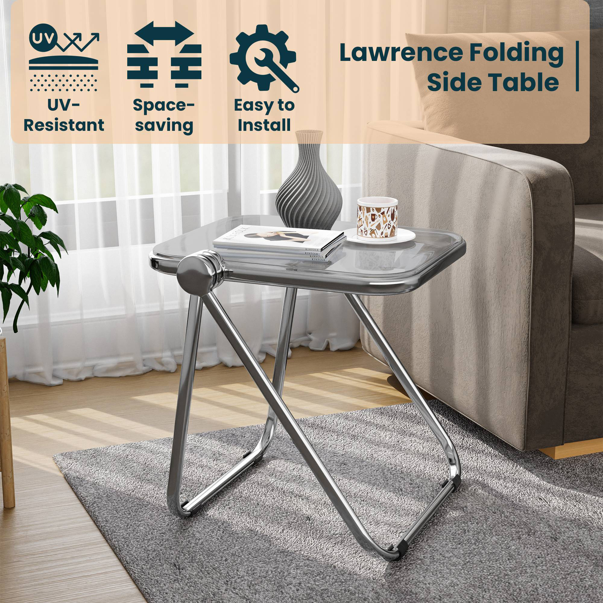 LeisureMod Lawrence Modern Rectangular Folding Side Table in Chrome Finish with Plastic Tabletop and Aluminum Frame - Transparent Black