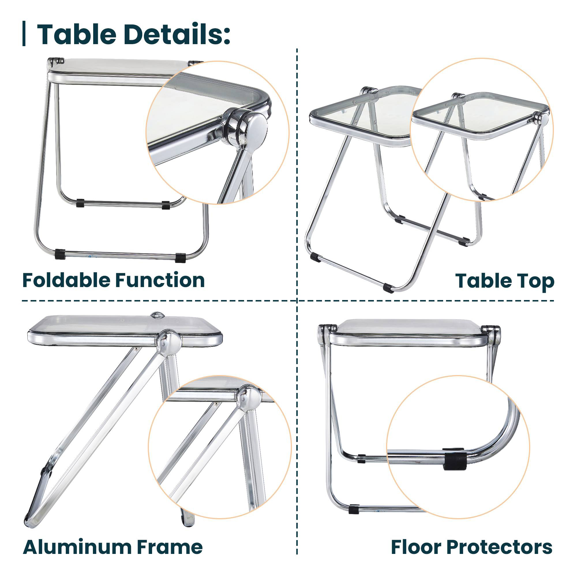 LeisureMod Lawrence Modern Rectangular Folding Side Table in Chrome Finish with Plastic Tabletop and Aluminum Frame - Transparent Black