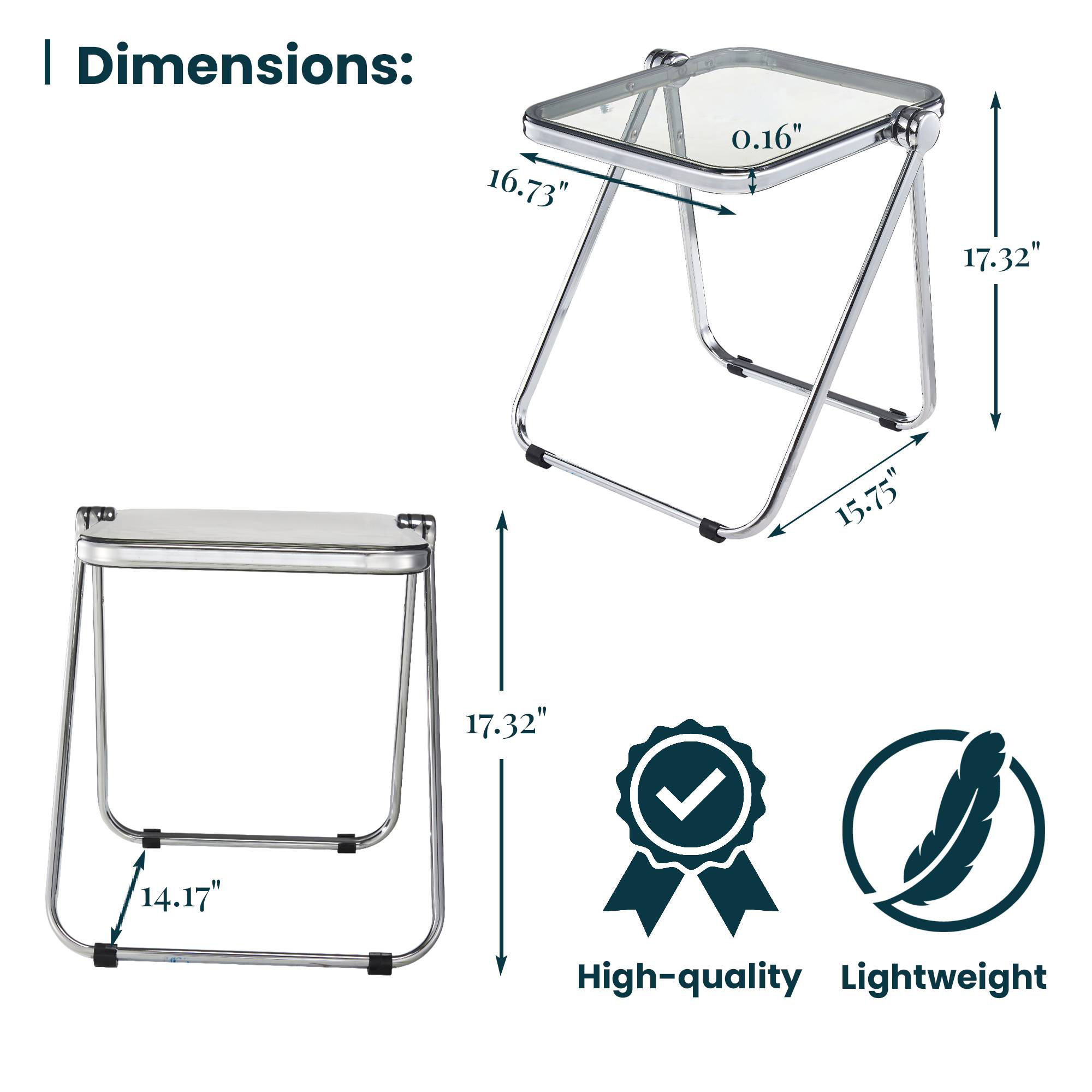 LeisureMod Lawrence Modern Rectangular Folding Side Table in Chrome Finish with Plastic Tabletop and Aluminum Frame - Transparent Black