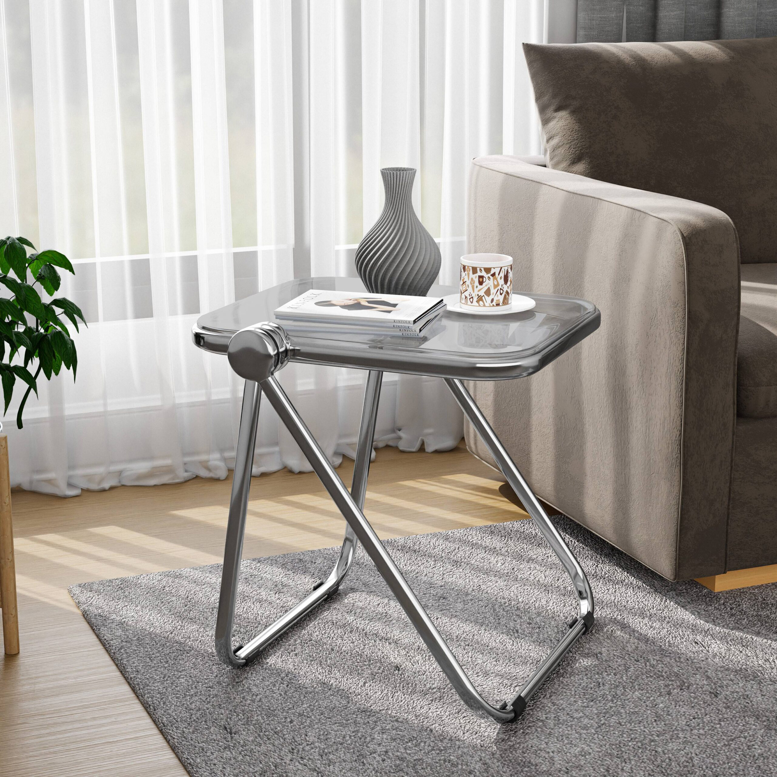 LeisureMod Lawrence Modern Rectangular Folding Side Table in Chrome Finish with Plastic Tabletop and Aluminum Frame - Transparent Black