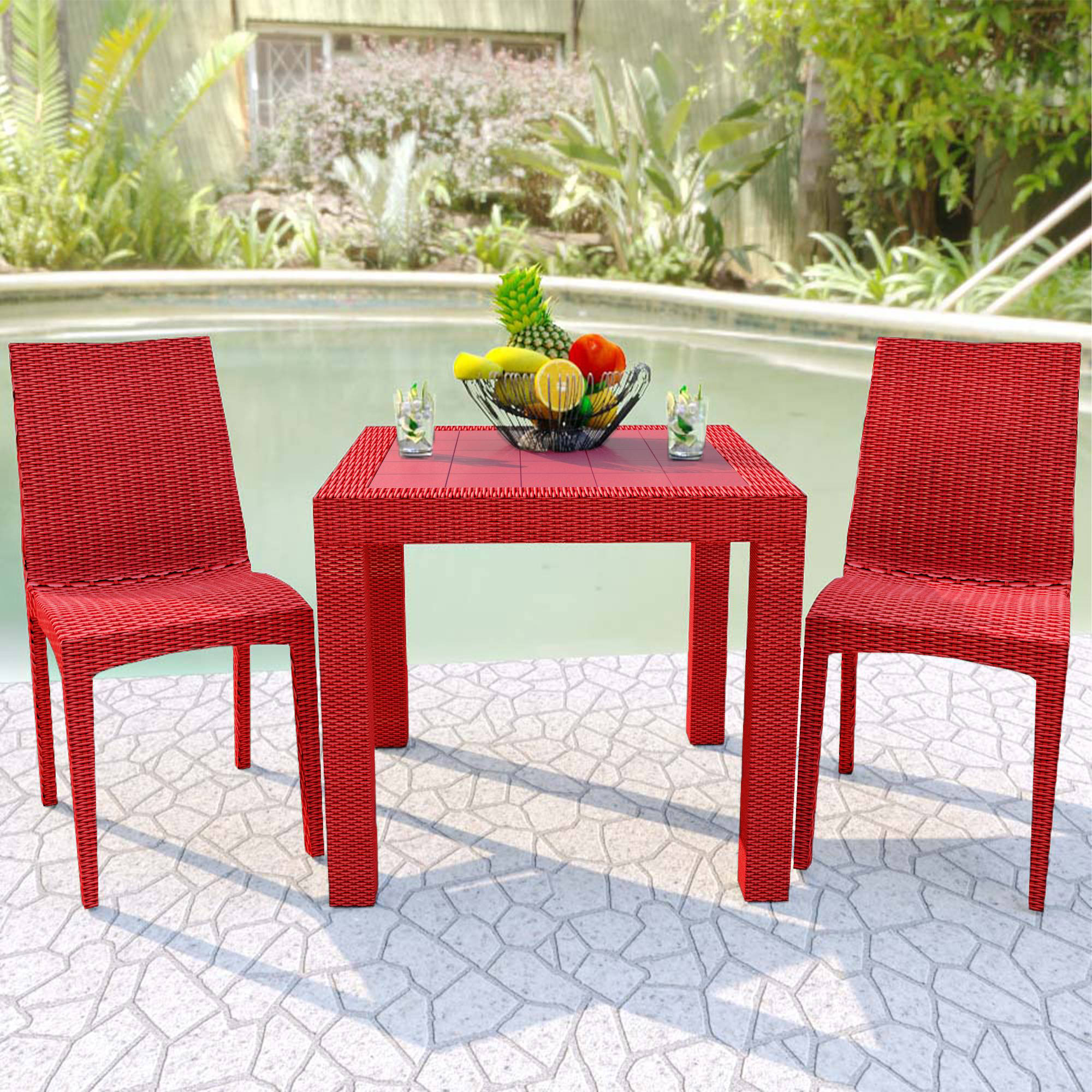 LeisureMod Modern Weave Mace Patio Outdoor Dining Chair - Red