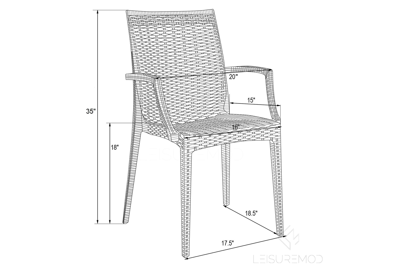 LeisureMod Modern Weave Mace Patio Outdoor Dining Armchair - Black