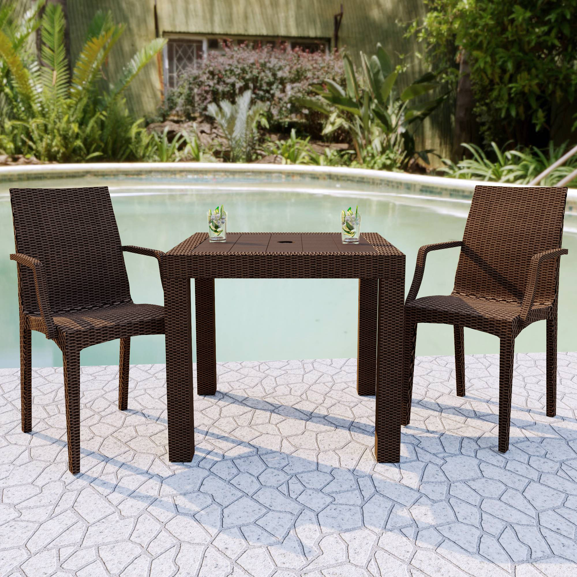 LeisureMod Modern Weave Mace Patio Outdoor Dining Armchair - Brown