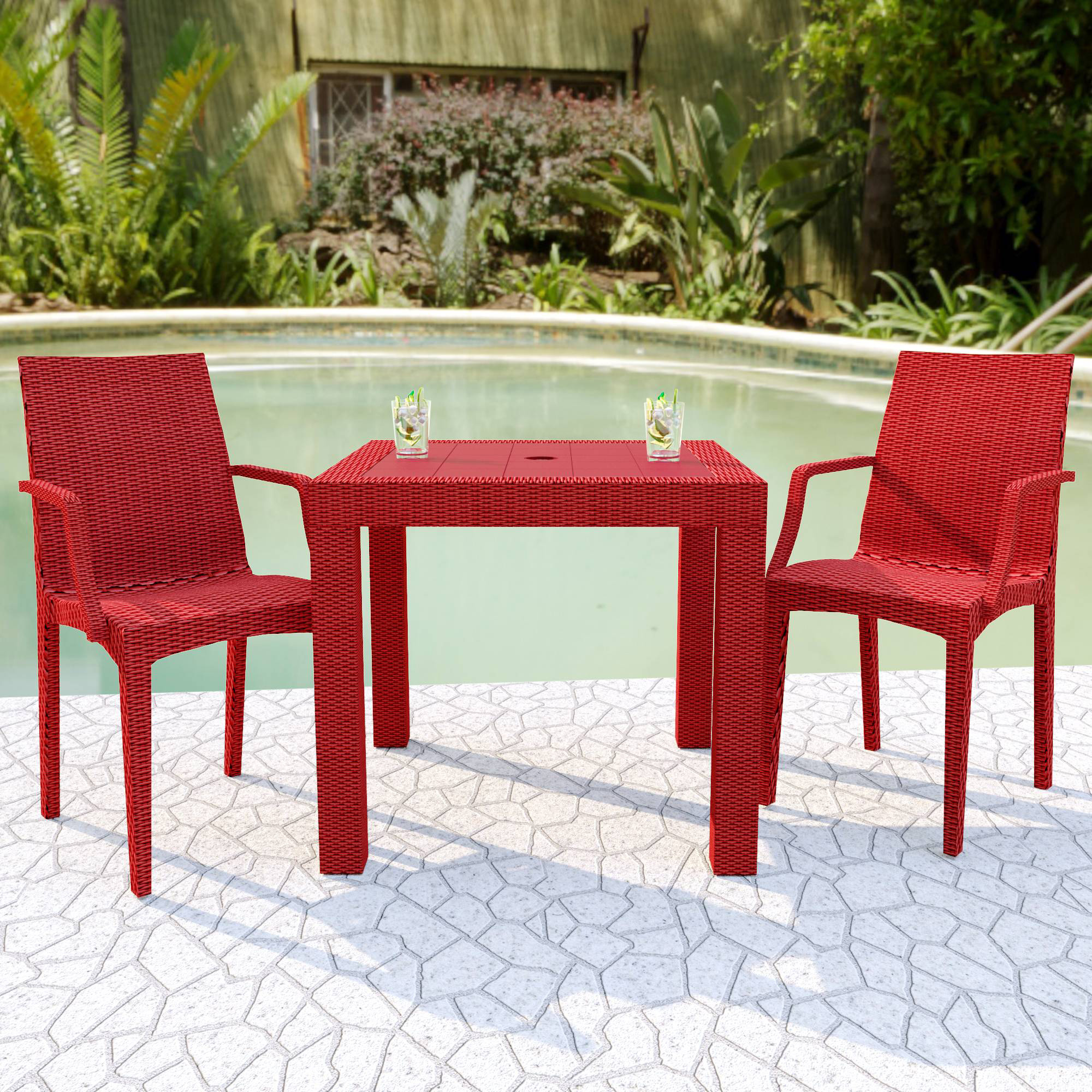 LeisureMod Modern Weave Mace Patio Outdoor Dining Armchair - Red