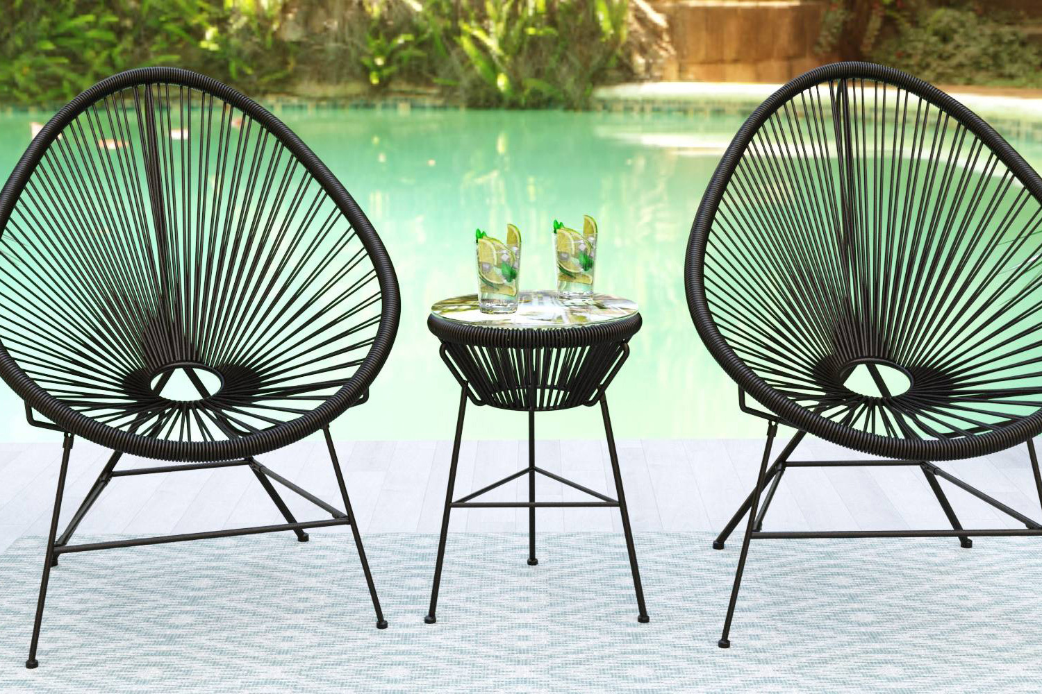 LeisureMod Montara 3 Piece Outdoor Lounge Patio Chairs with Glass Top Table - Black