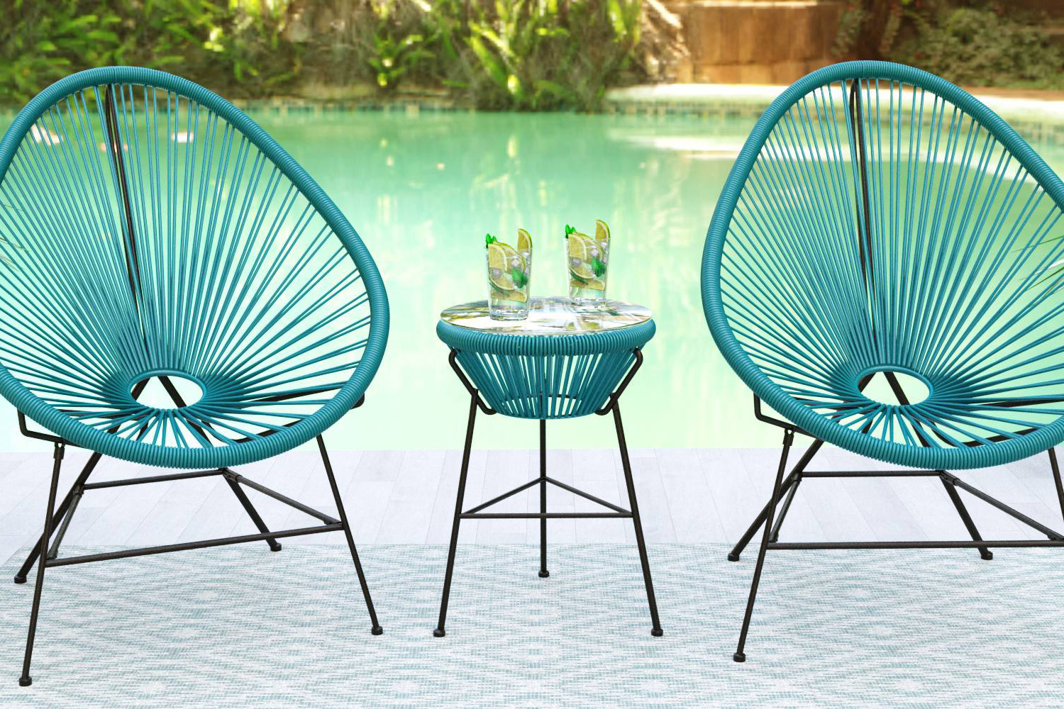 LeisureMod Montara 3 Piece Outdoor Lounge Patio Chairs with Glass Top Table - Blue