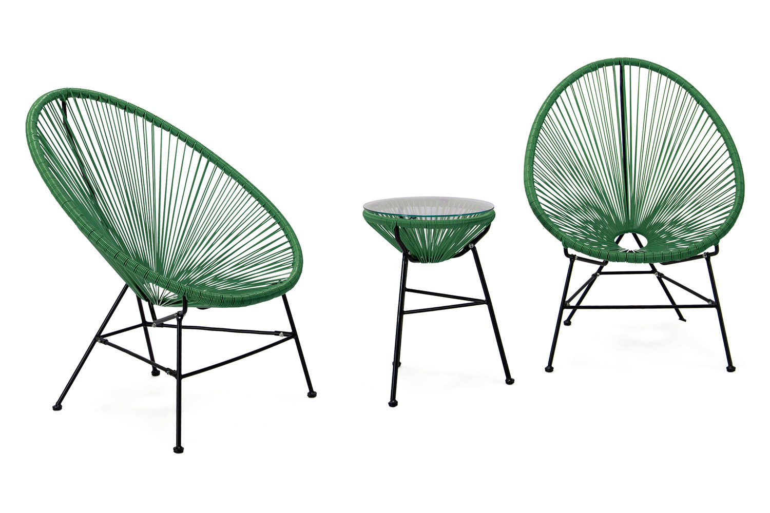 LeisureMod Montara 3 Piece Outdoor Lounge Patio Chairs with Glass Top Table - Dark Green