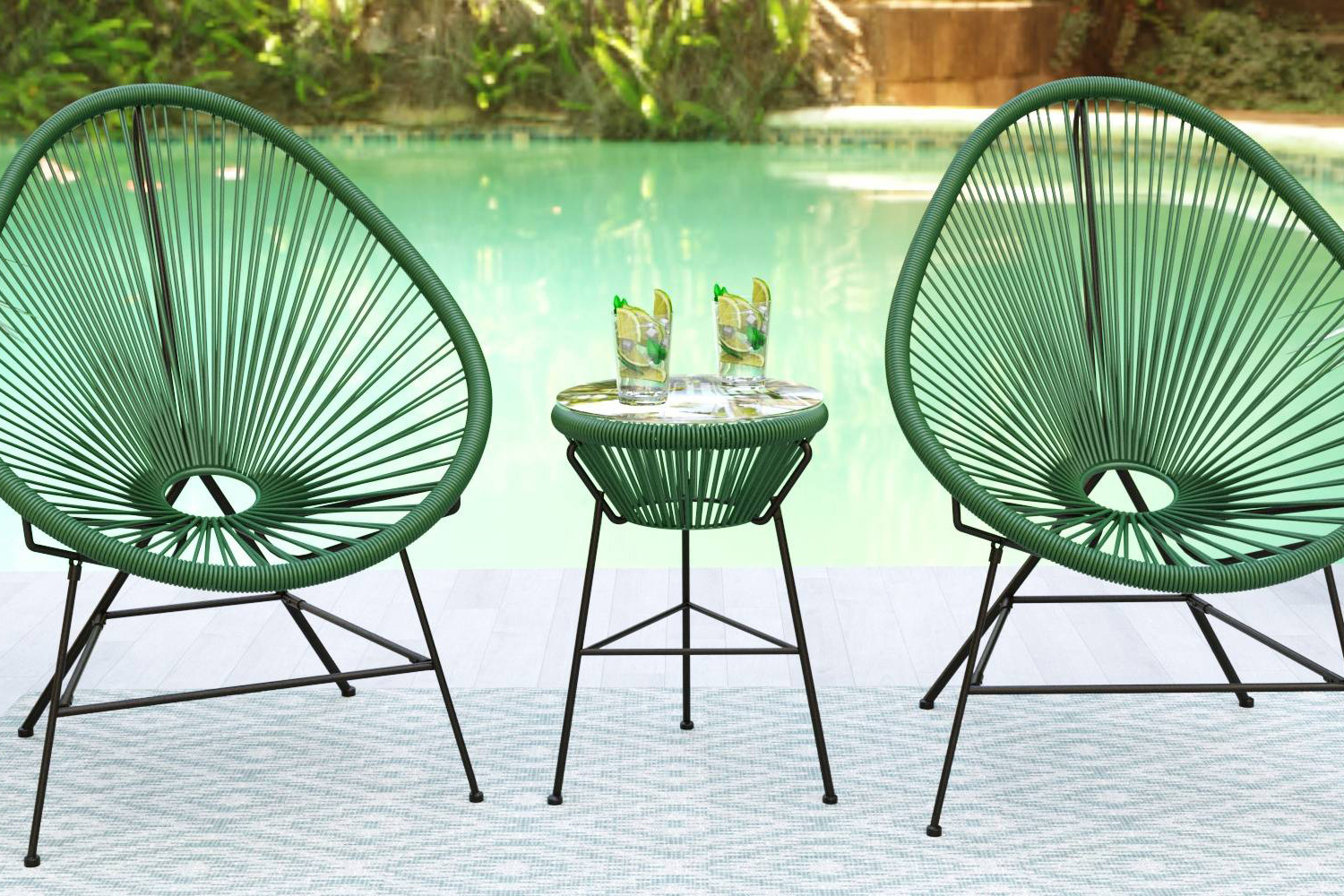 LeisureMod Montara 3 Piece Outdoor Lounge Patio Chairs with Glass Top Table - Dark Green