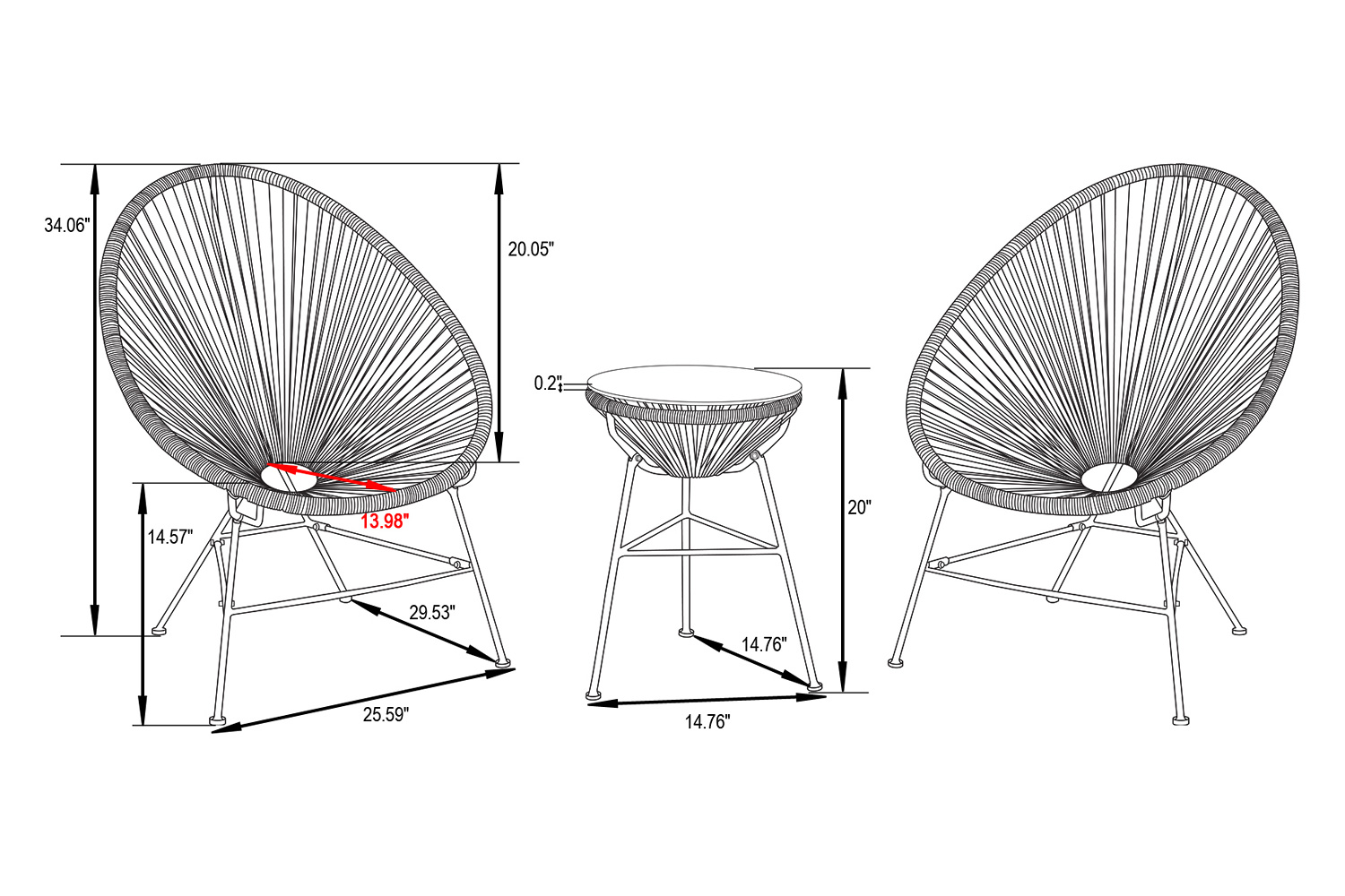 LeisureMod Montara 3 Piece Outdoor Lounge Patio Chairs with Glass Top Table - Gray