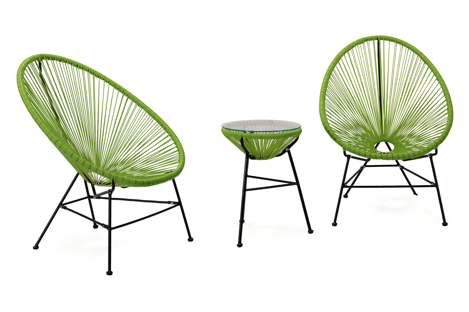 LeisureMod Montara 3 Piece Outdoor Lounge Patio Chairs with Glass Top Table - Light Green