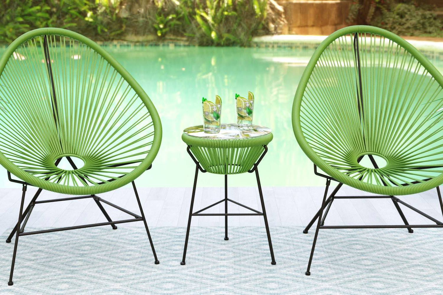 LeisureMod Montara 3 Piece Outdoor Lounge Patio Chairs with Glass Top Table - Light Green