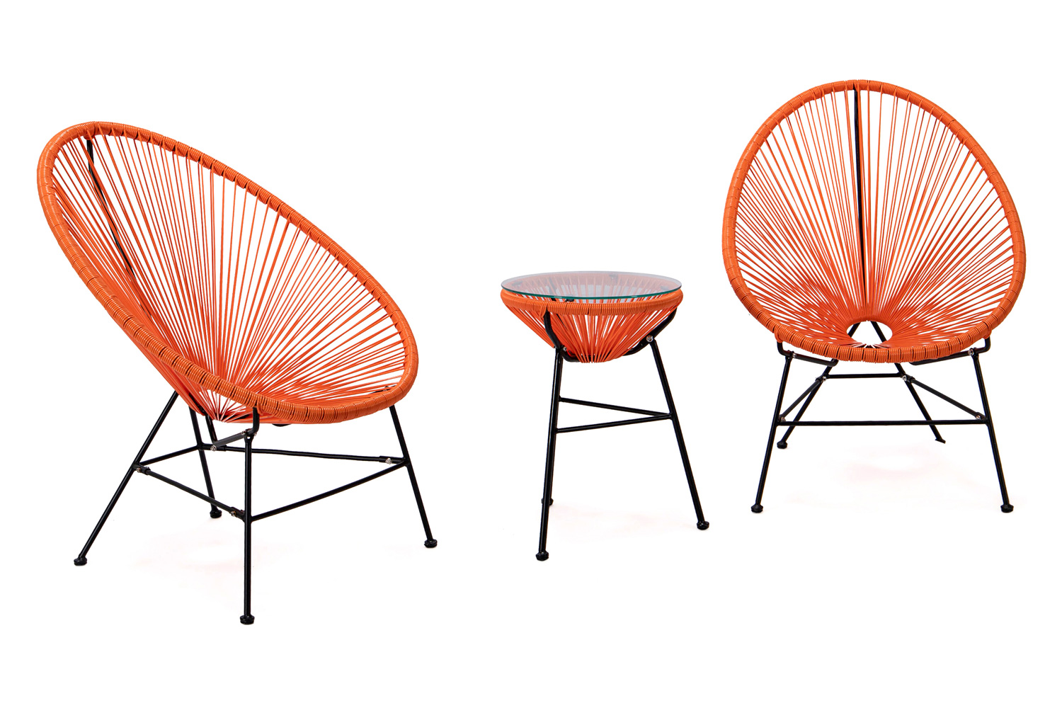 LeisureMod Montara 3 Piece Outdoor Lounge Patio Chairs with Glass Top Table - Orange