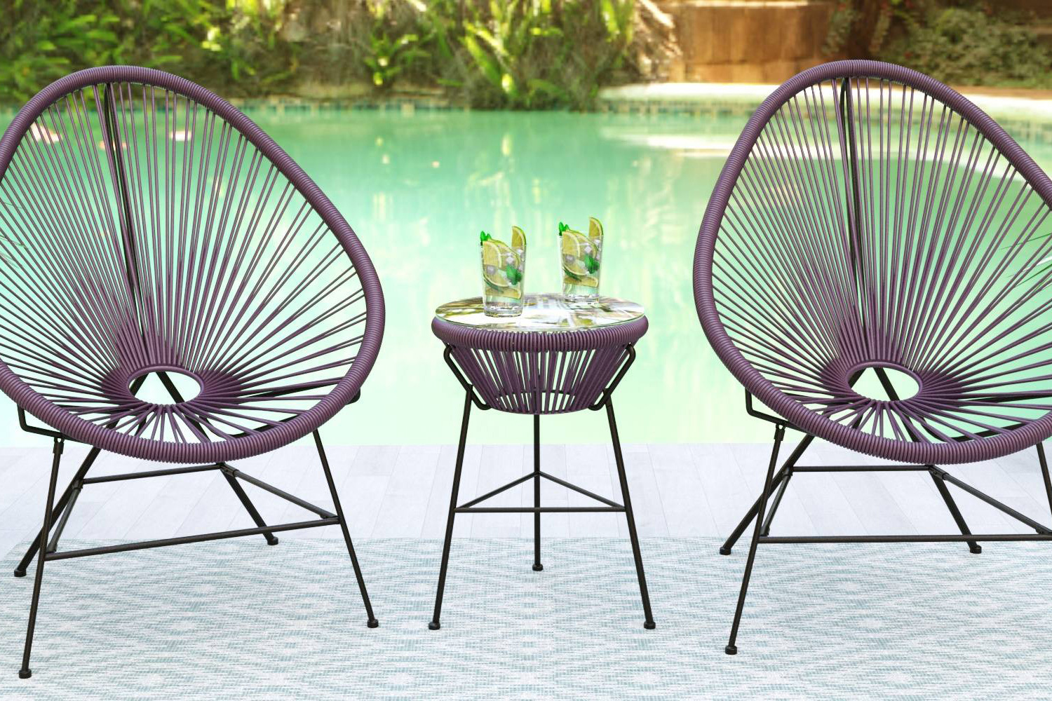 LeisureMod Montara 3 Piece Outdoor Lounge Patio Chairs with Glass Top Table - Purple