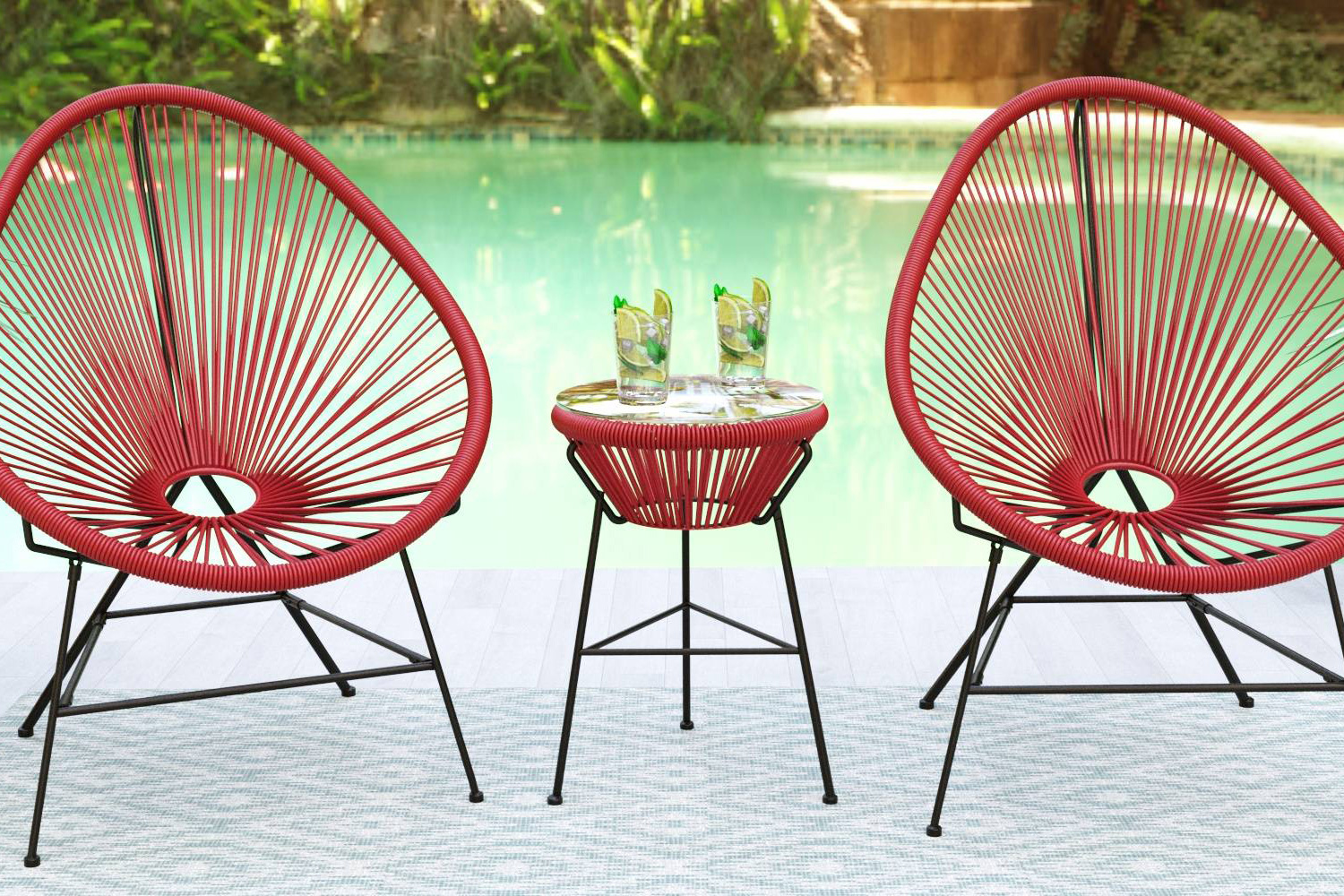 LeisureMod Montara 3 Piece Outdoor Lounge Patio Chairs with Glass Top Table - Red