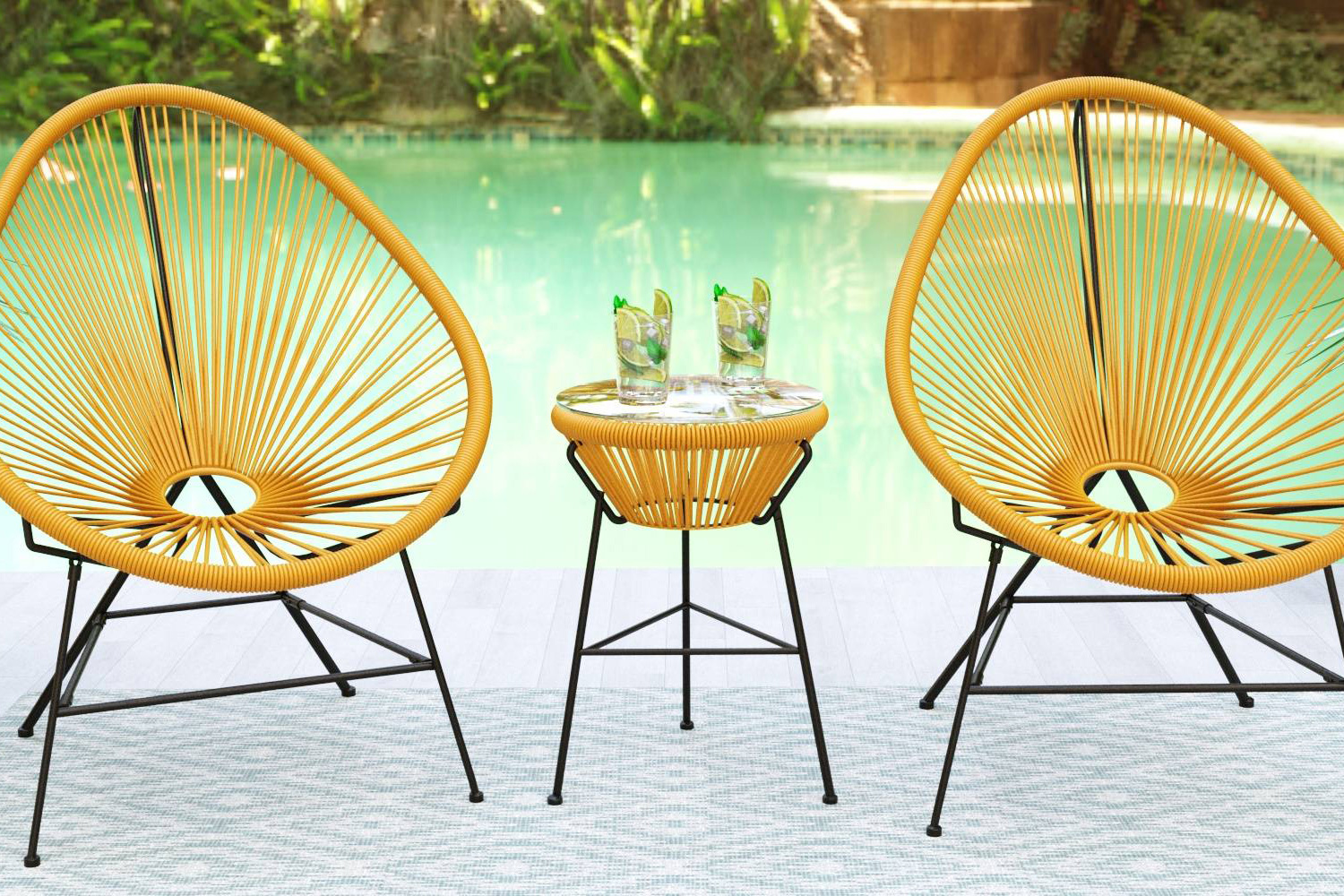 LeisureMod Montara 3 Piece Outdoor Lounge Patio Chairs with Glass Top Table - Yellow