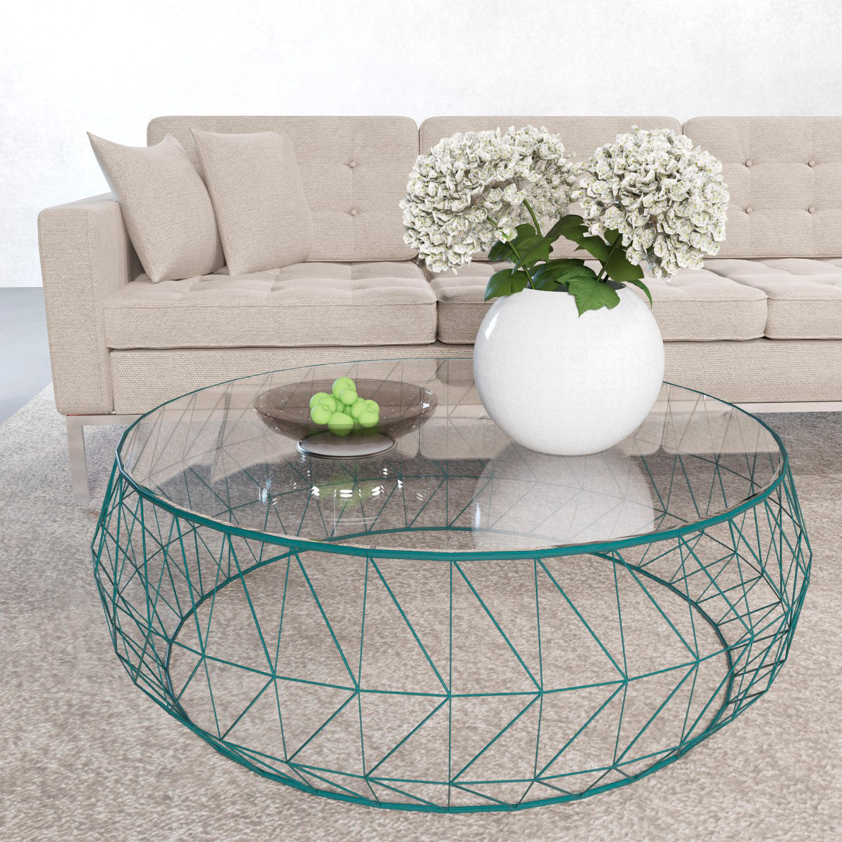 LeisureMod Malibu Modern Round Glass Top Coffee Table With Chrome Base - Blue