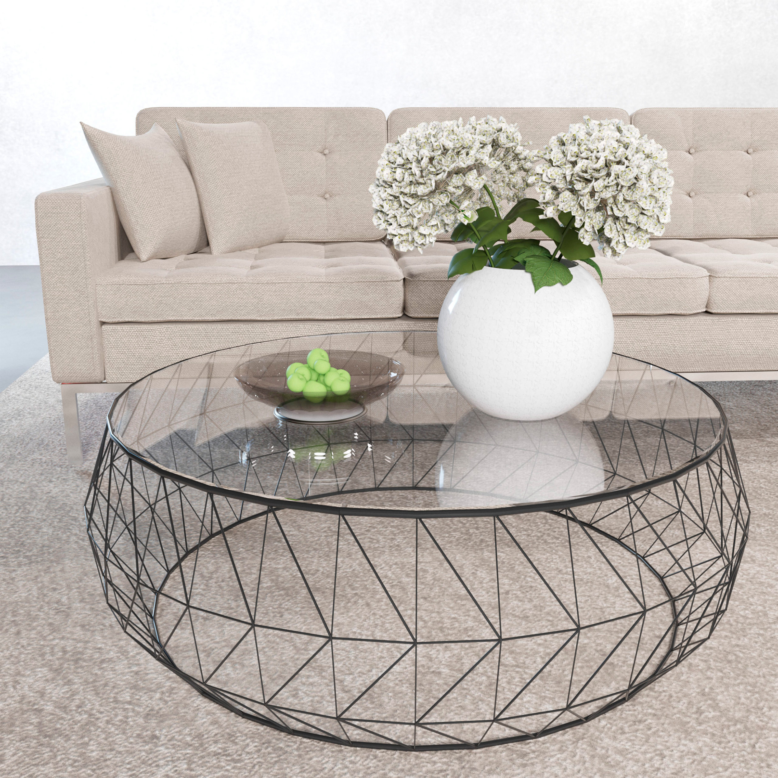 LeisureMod Malibu Modern Round Glass Top Coffee Table With Chrome Base - Black