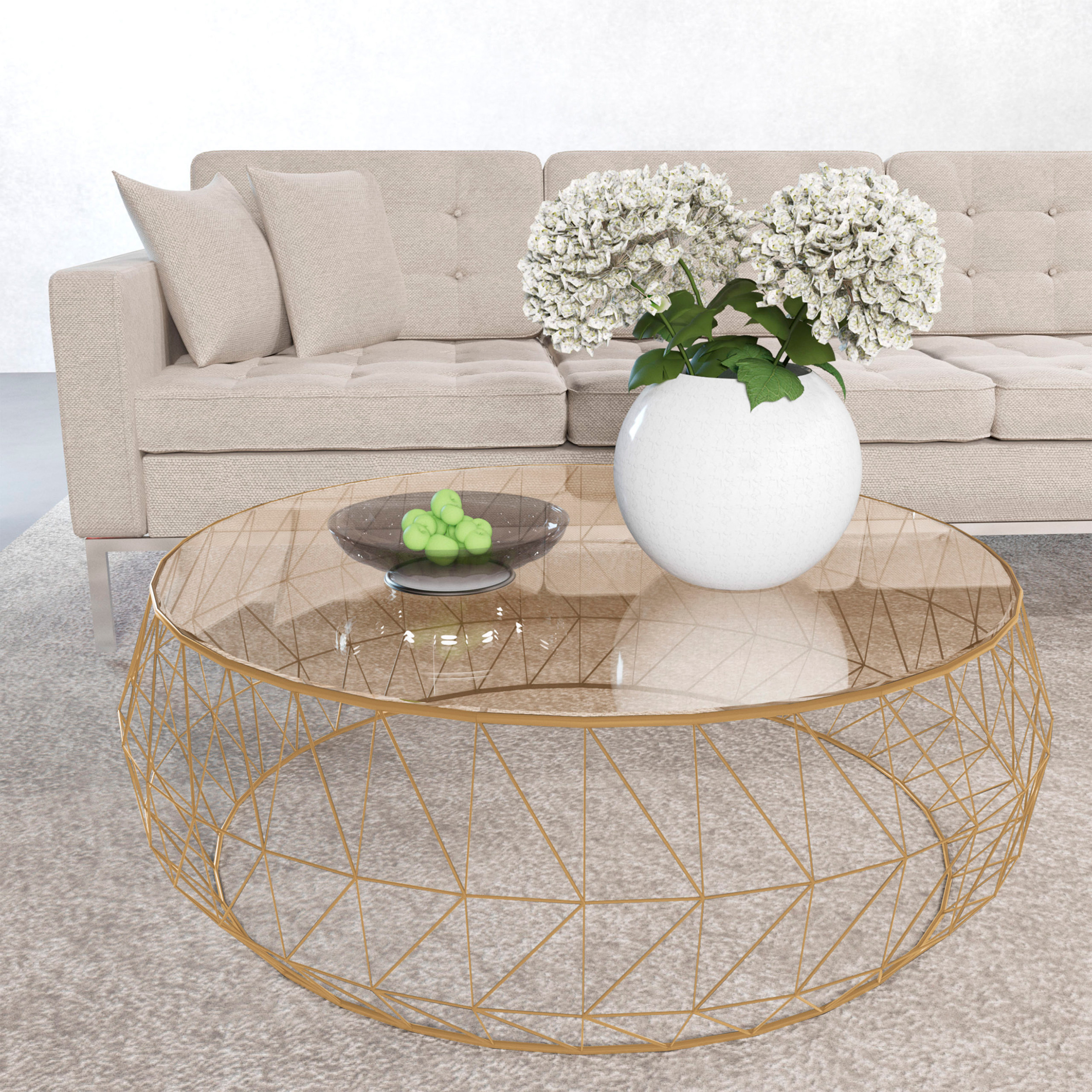 LeisureMod Malibu Modern Round Glass Top Coffee Table With Chrome Base - Gold