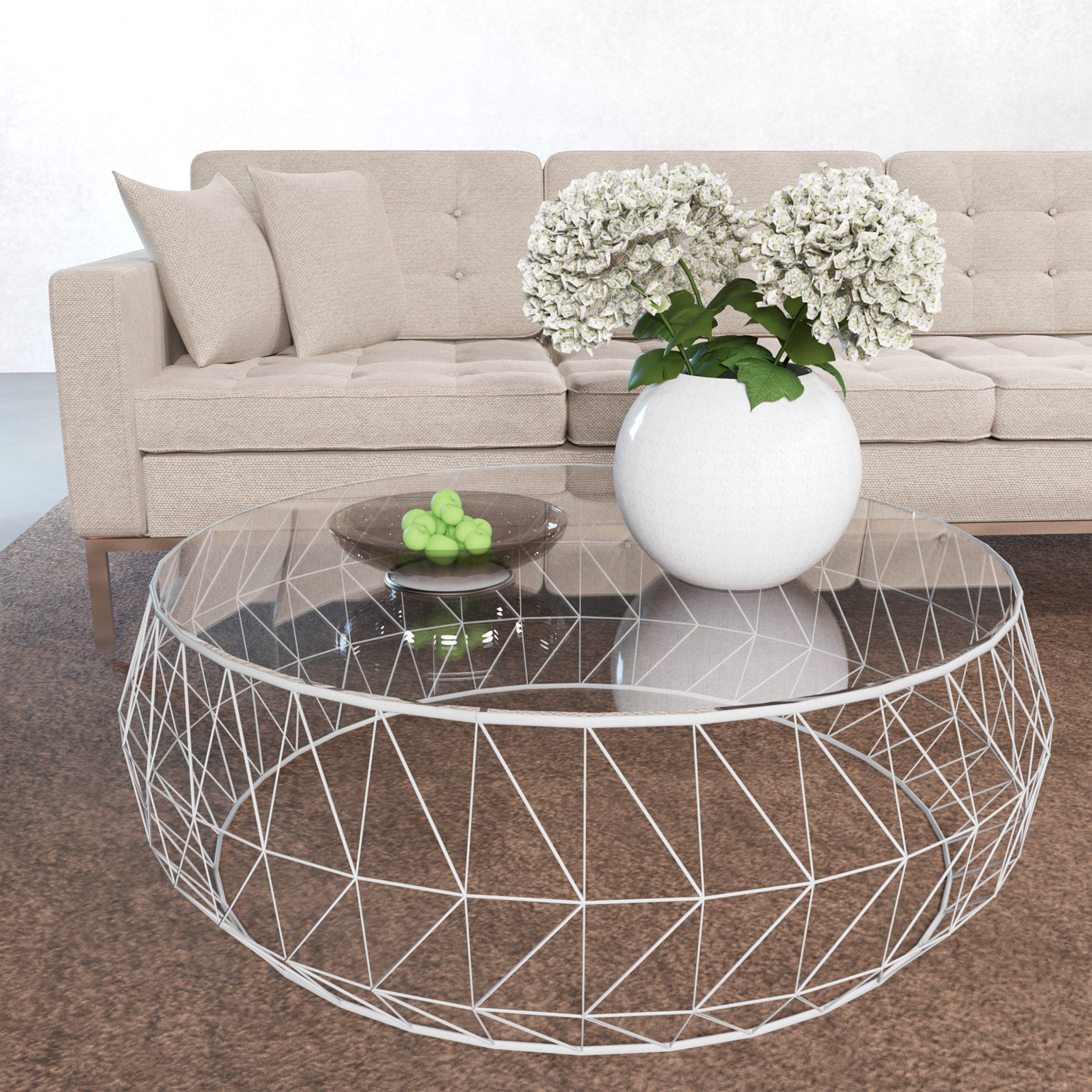 LeisureMod Malibu Modern Round Glass Top Coffee Table With Chrome Base - White