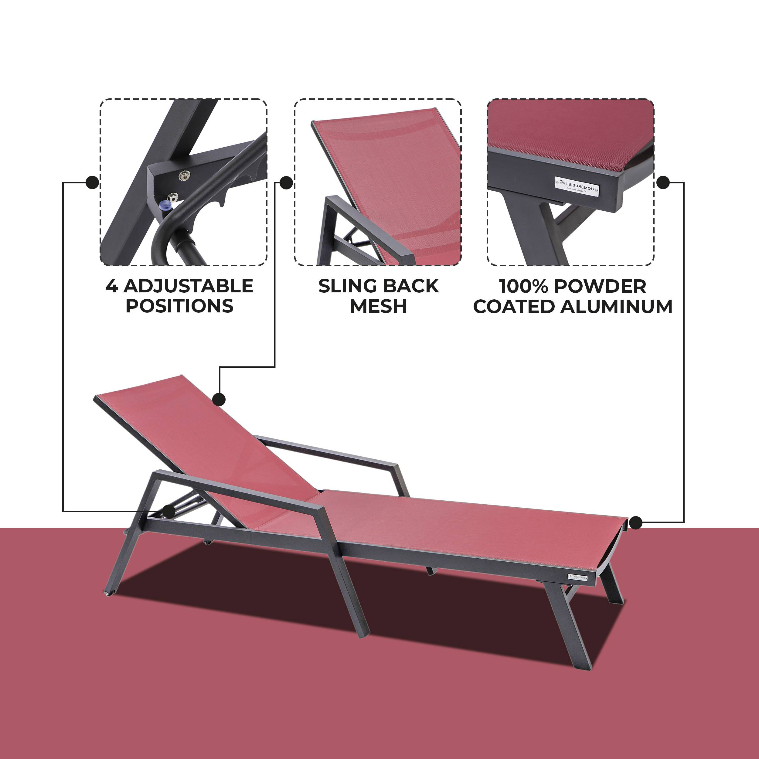 LeisureMod Marlin Patio Chaise Lounge Chair With Armrests In Black Aluminum Frame - Burgundy