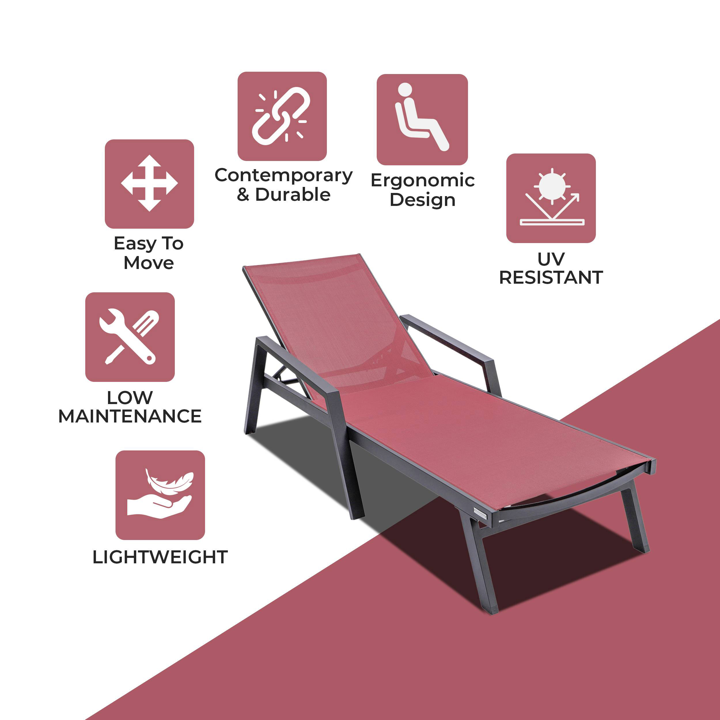 LeisureMod Marlin Patio Chaise Lounge Chair With Armrests In Black Aluminum Frame - Burgundy