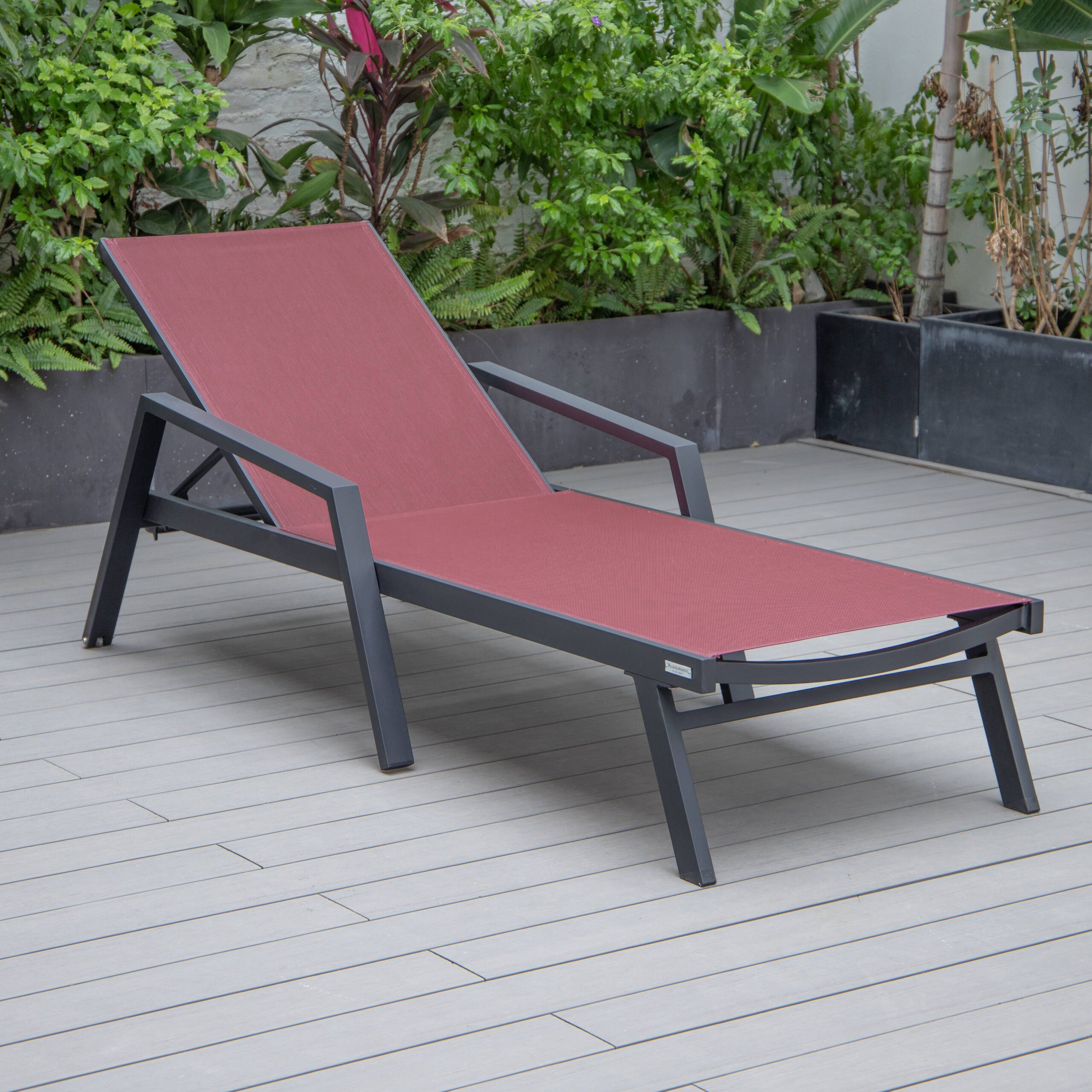 LeisureMod Marlin Patio Chaise Lounge Chair With Armrests In Black Aluminum Frame - Burgundy