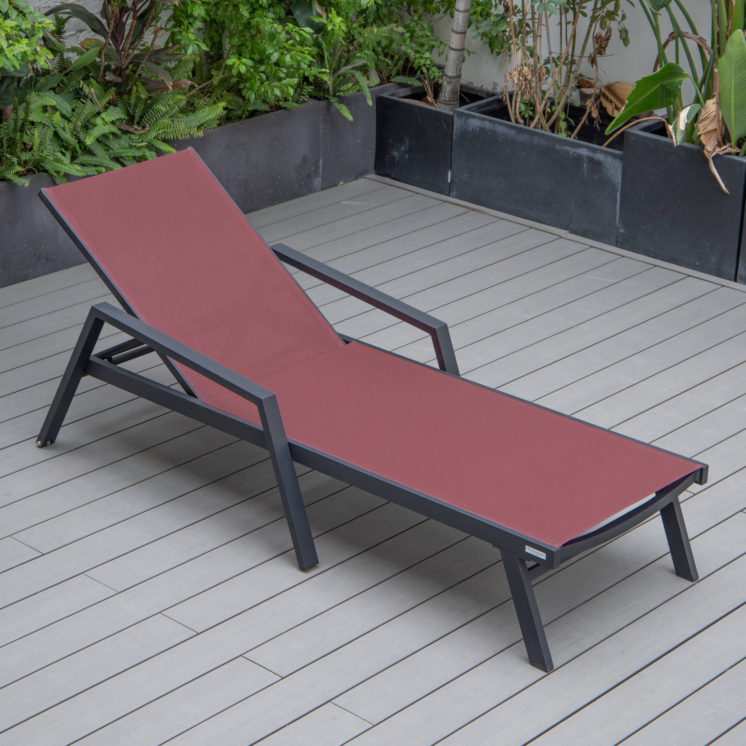 LeisureMod Marlin Patio Chaise Lounge Chair With Armrests In Black Aluminum Frame - Burgundy