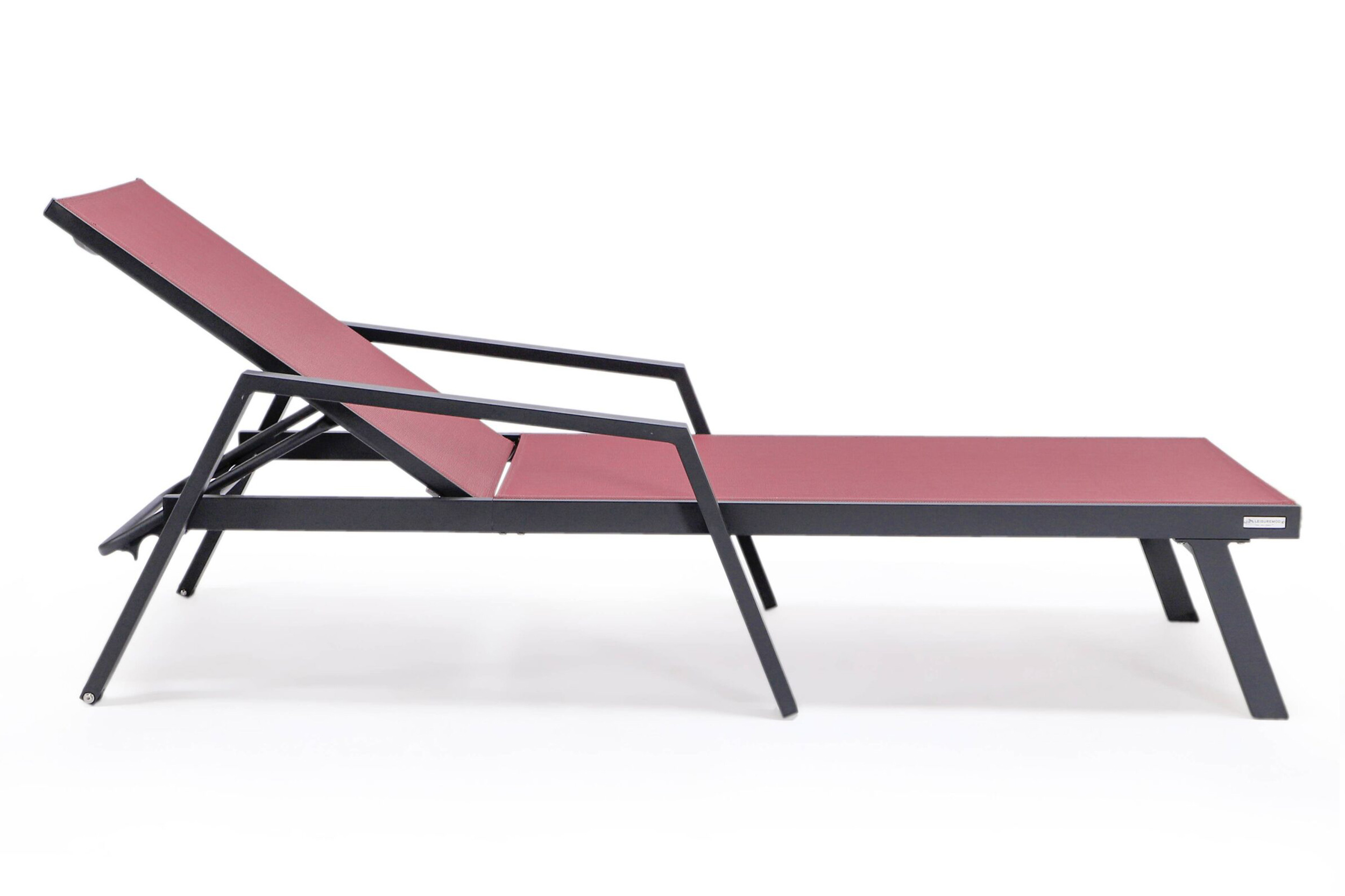 LeisureMod Marlin Patio Chaise Lounge Chair With Armrests In Black Aluminum Frame - Burgundy