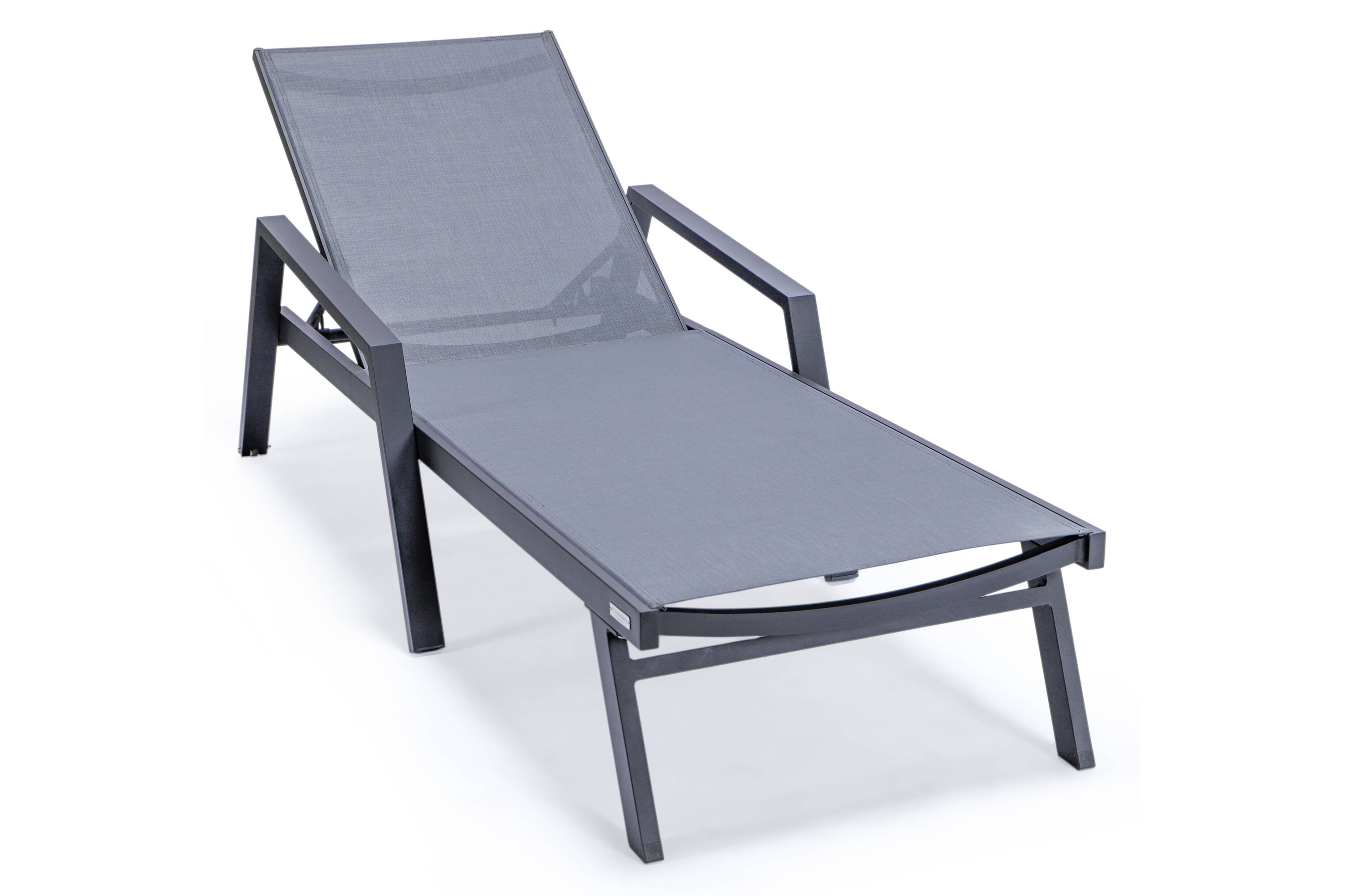 LeisureMod Marlin Patio Chaise Lounge Chair With Armrests In Black Aluminum Frame