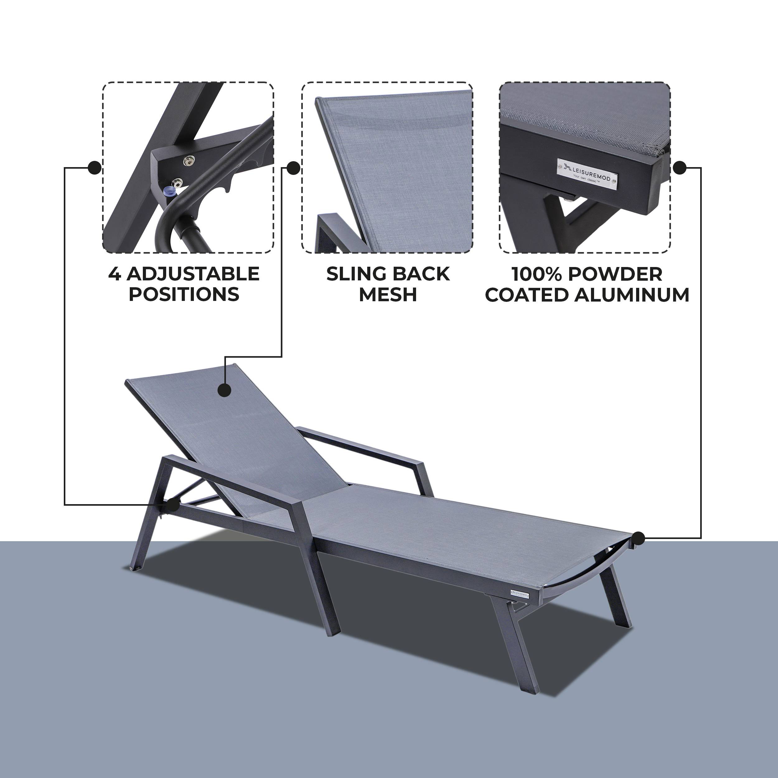 LeisureMod Marlin Patio Chaise Lounge Chair With Armrests In Black Aluminum Frame - Dark Gray