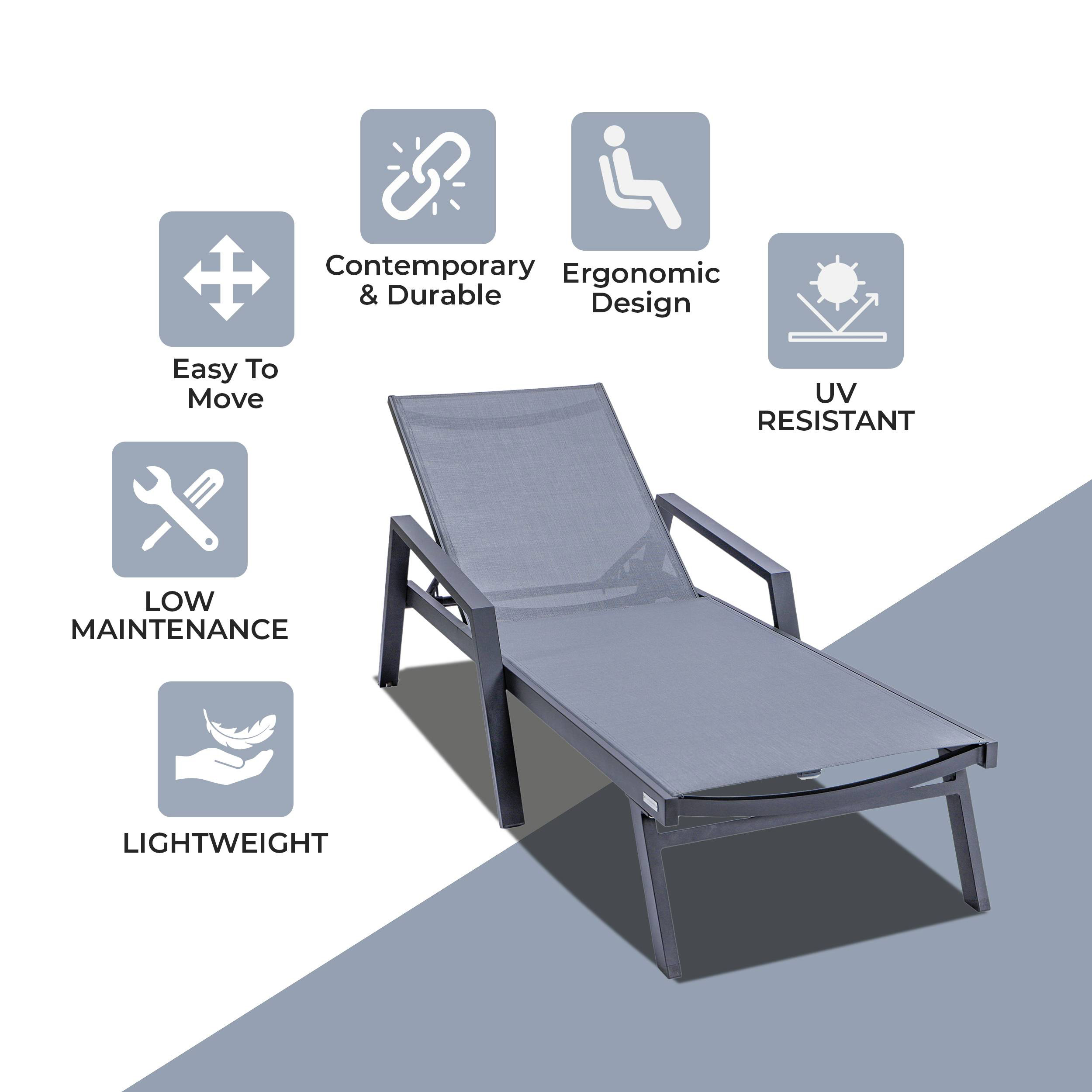 LeisureMod Marlin Patio Chaise Lounge Chair With Armrests In Black Aluminum Frame - Dark Gray