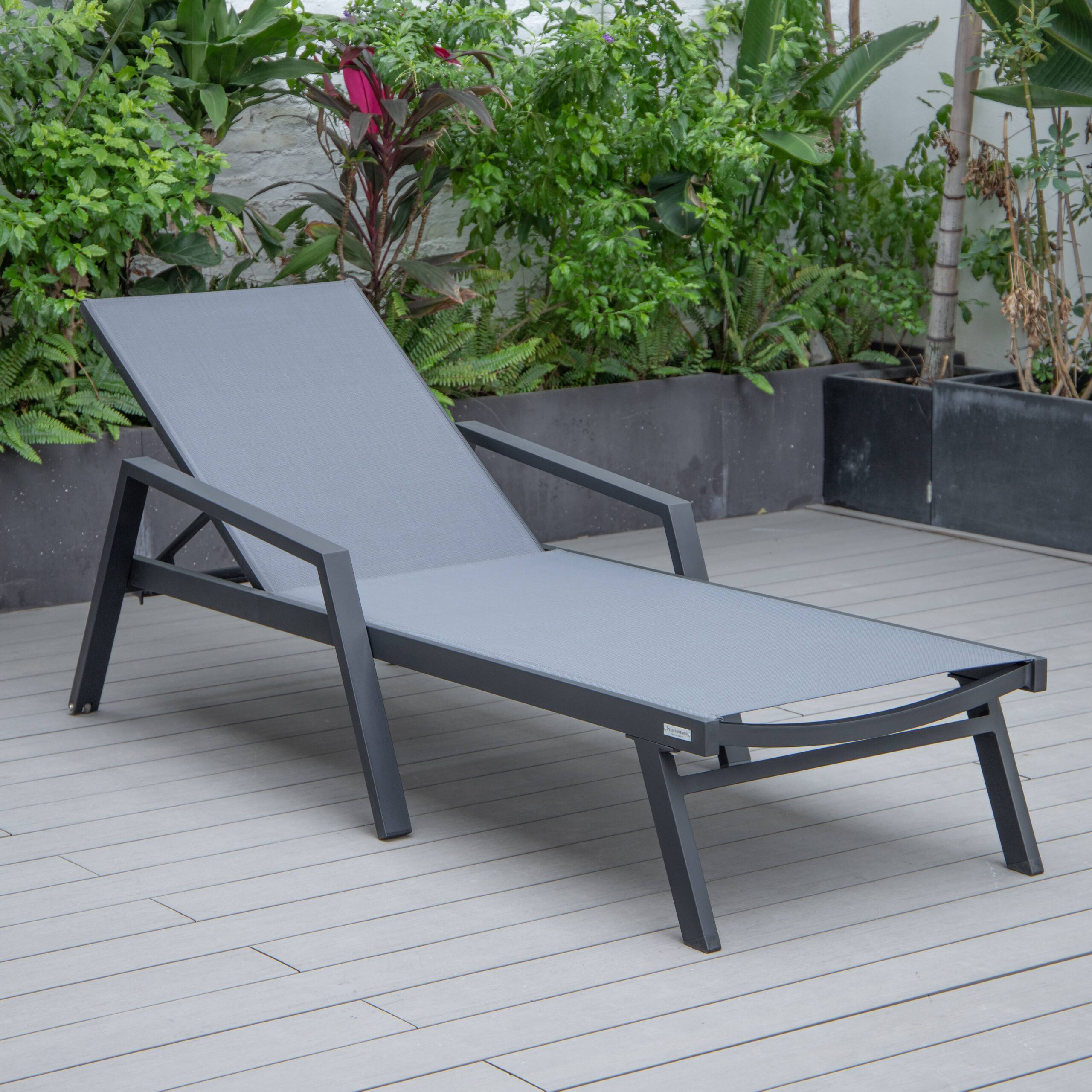 LeisureMod Marlin Patio Chaise Lounge Chair With Armrests In Black Aluminum Frame - Dark Gray