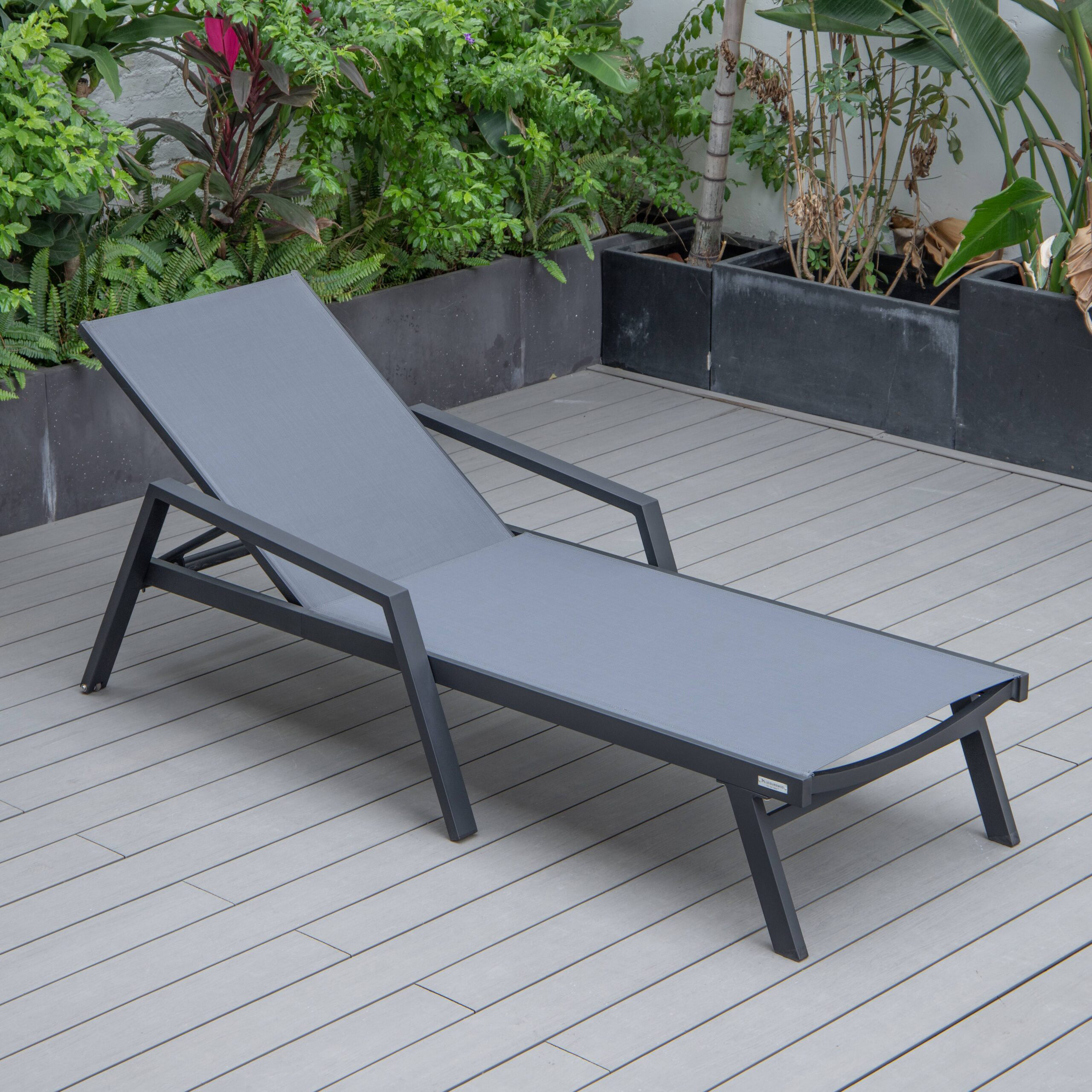 LeisureMod Marlin Patio Chaise Lounge Chair With Armrests In Black Aluminum Frame - Dark Gray