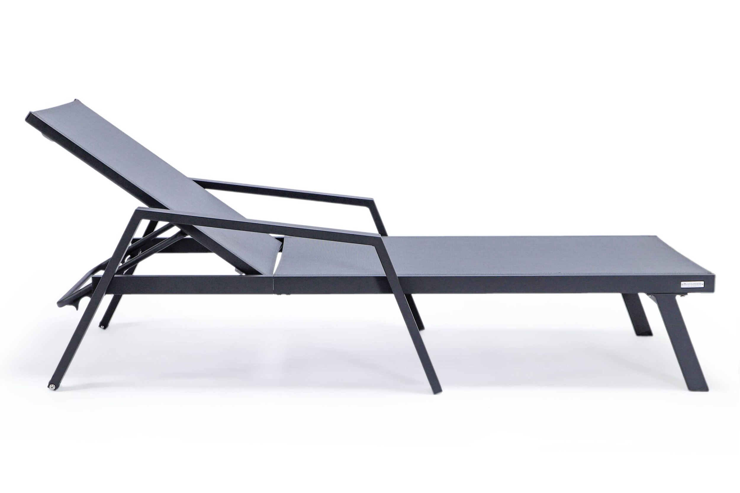 LeisureMod Marlin Patio Chaise Lounge Chair With Armrests In Black Aluminum Frame - Dark Gray