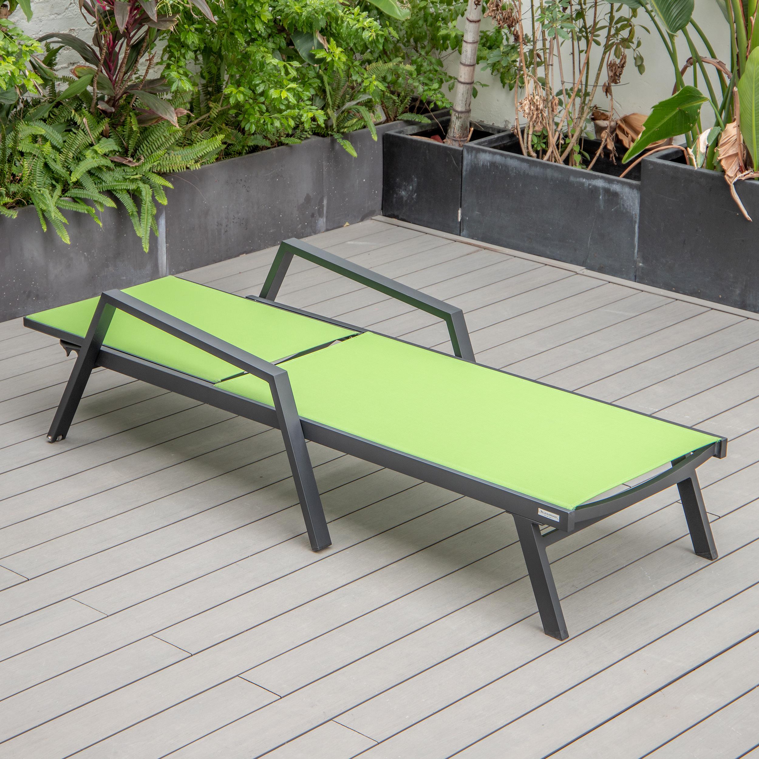 LeisureMod Marlin Patio Chaise Lounge Chair With Armrests In Black Aluminum Frame - Green