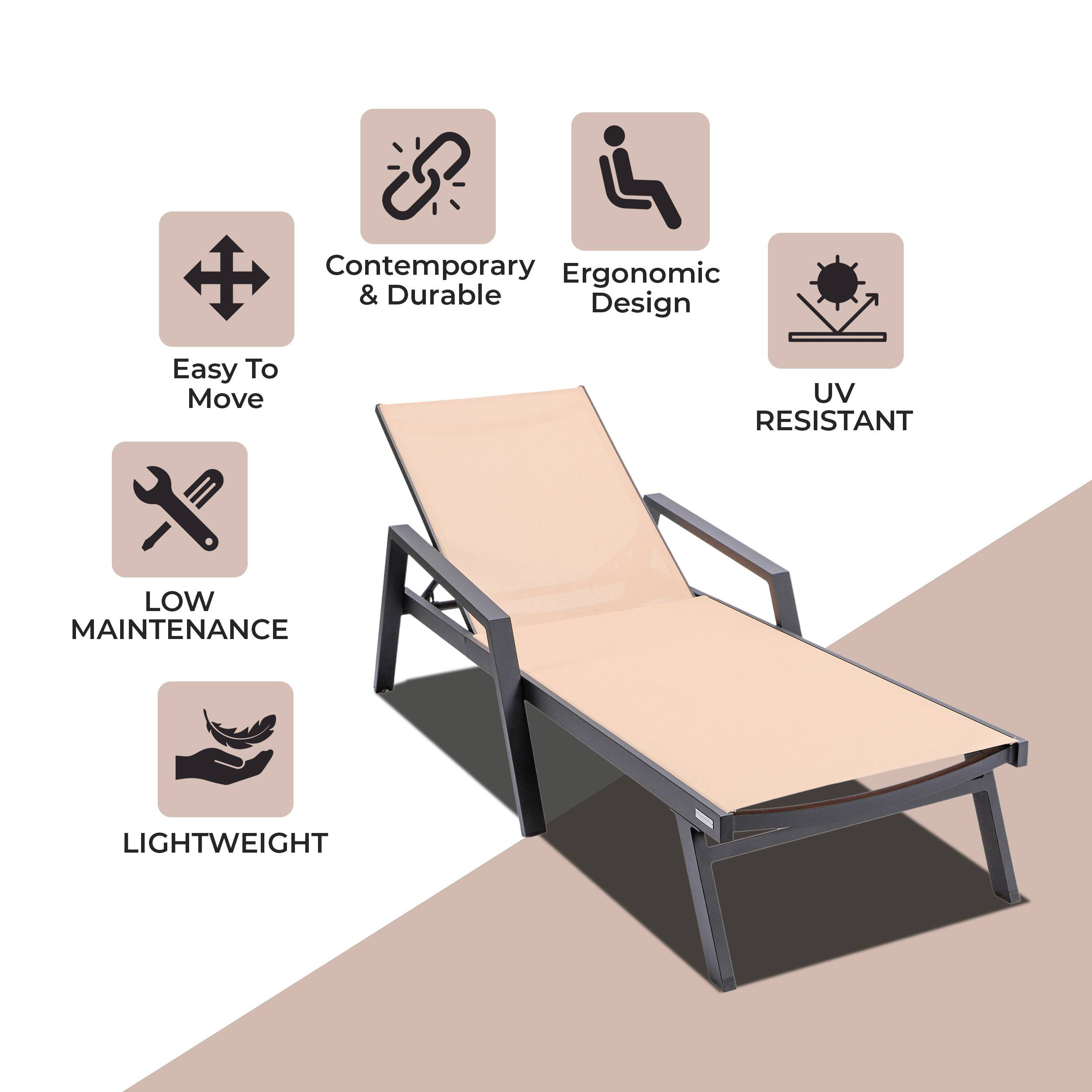 LeisureMod Marlin Patio Chaise Lounge Chair With Armrests In Black Aluminum Frame - Light Brown