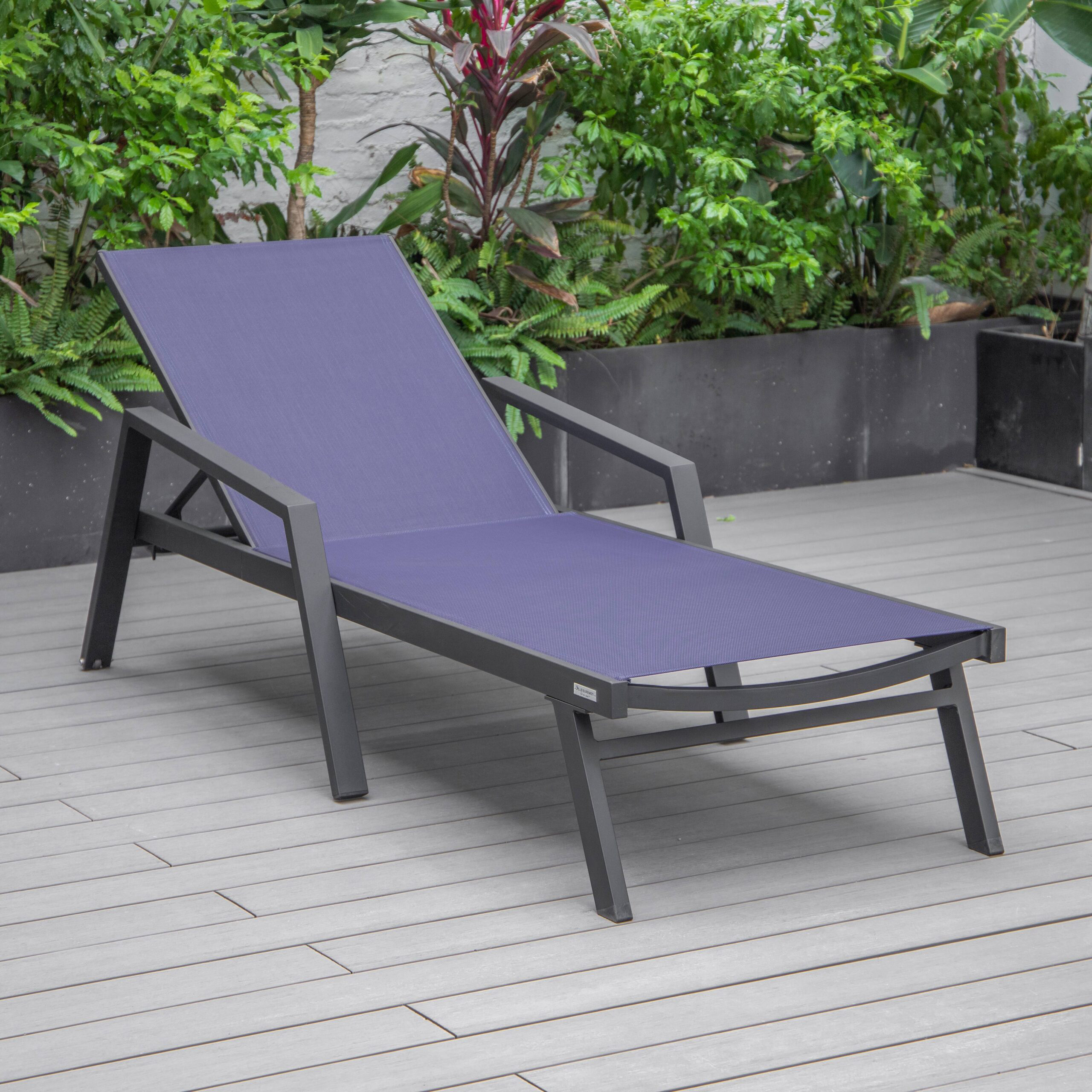 LeisureMod Marlin Patio Chaise Lounge Chair With Armrests In Black Aluminum Frame - Navy Blue