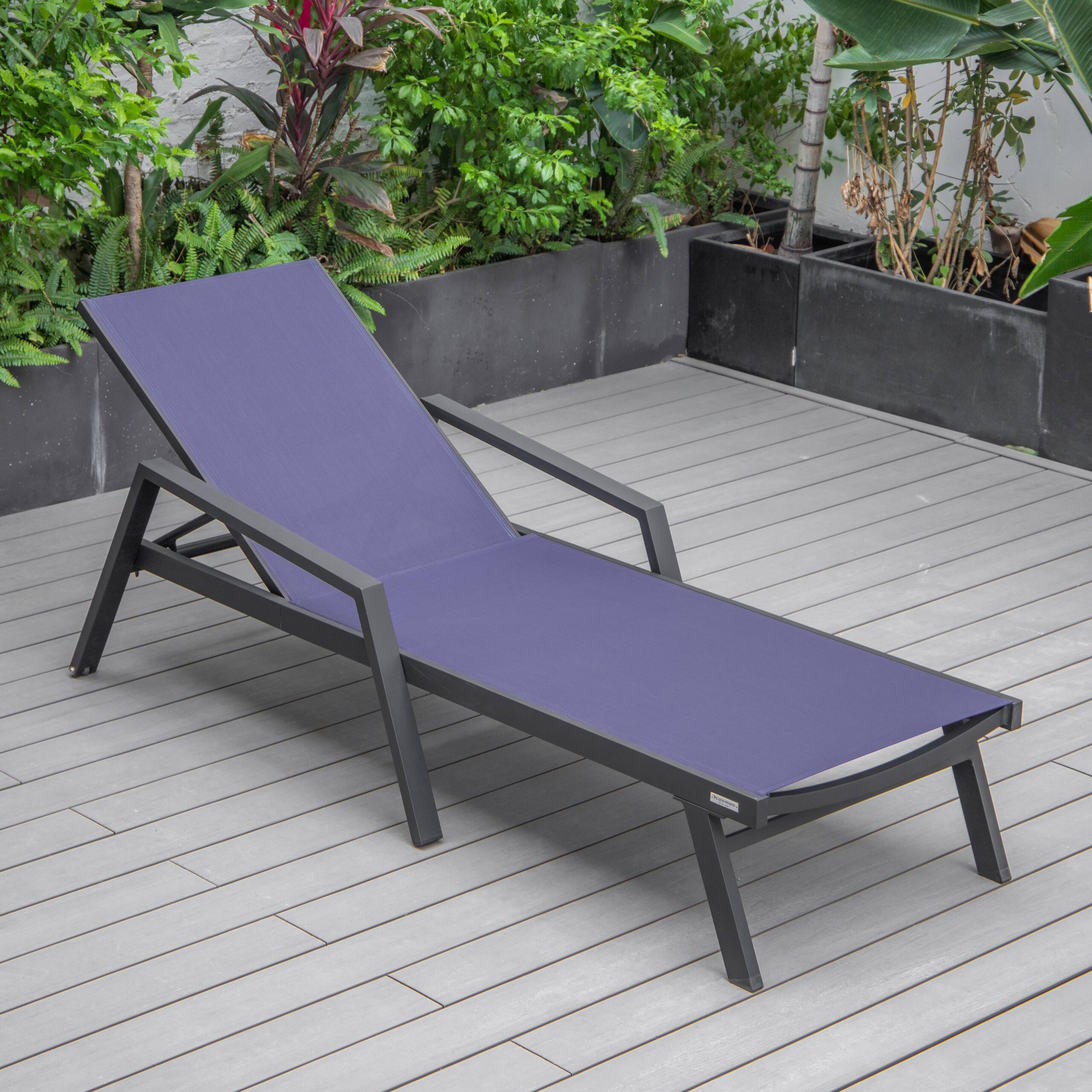 LeisureMod Marlin Patio Chaise Lounge Chair With Armrests In Black Aluminum Frame - Navy Blue