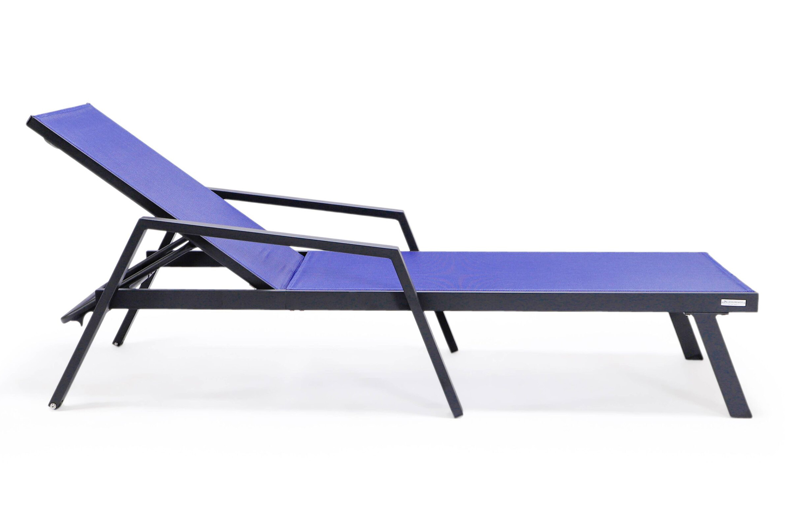 LeisureMod Marlin Patio Chaise Lounge Chair With Armrests In Black Aluminum Frame - Navy Blue