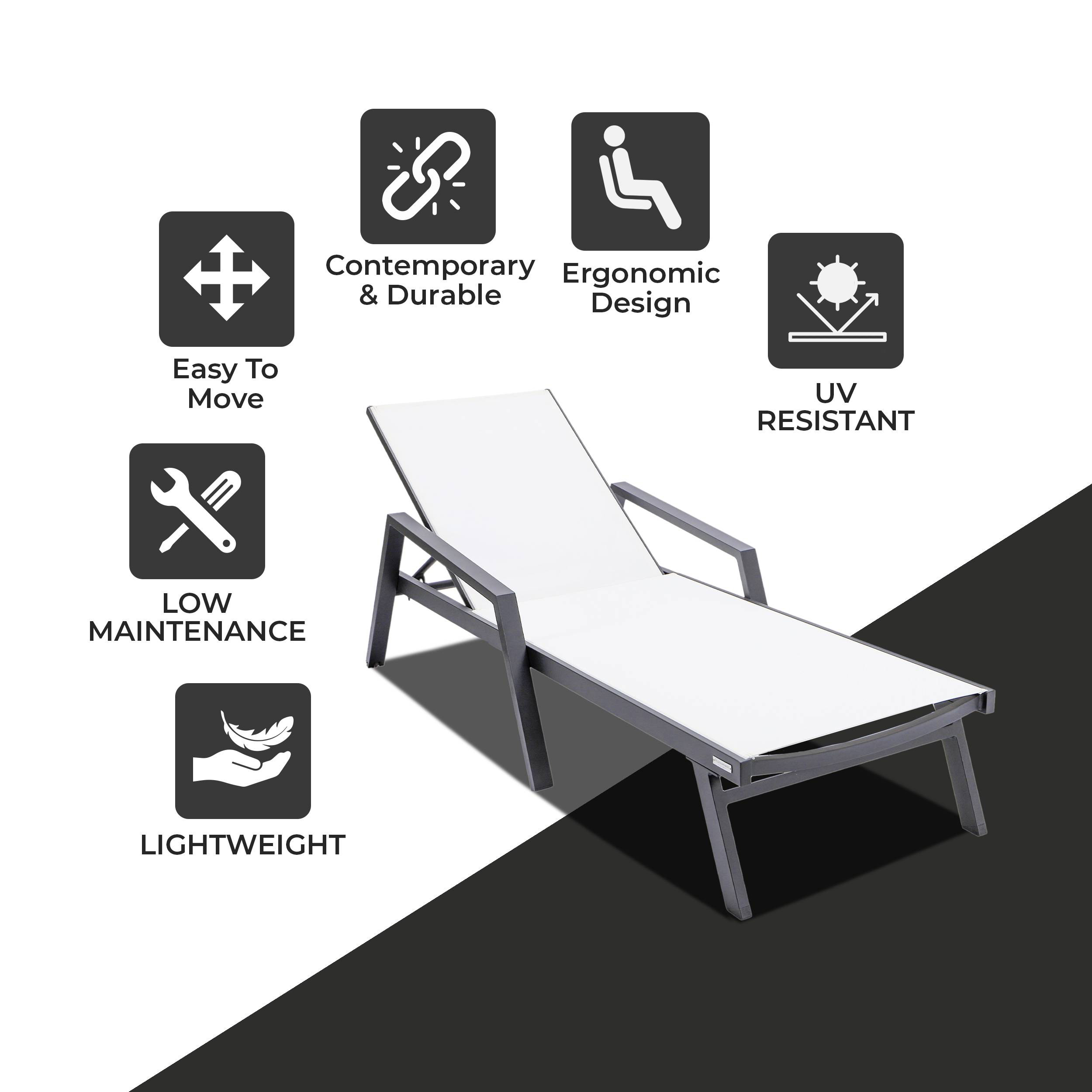 LeisureMod Marlin Patio Chaise Lounge Chair With Armrests In Black Aluminum Frame - White