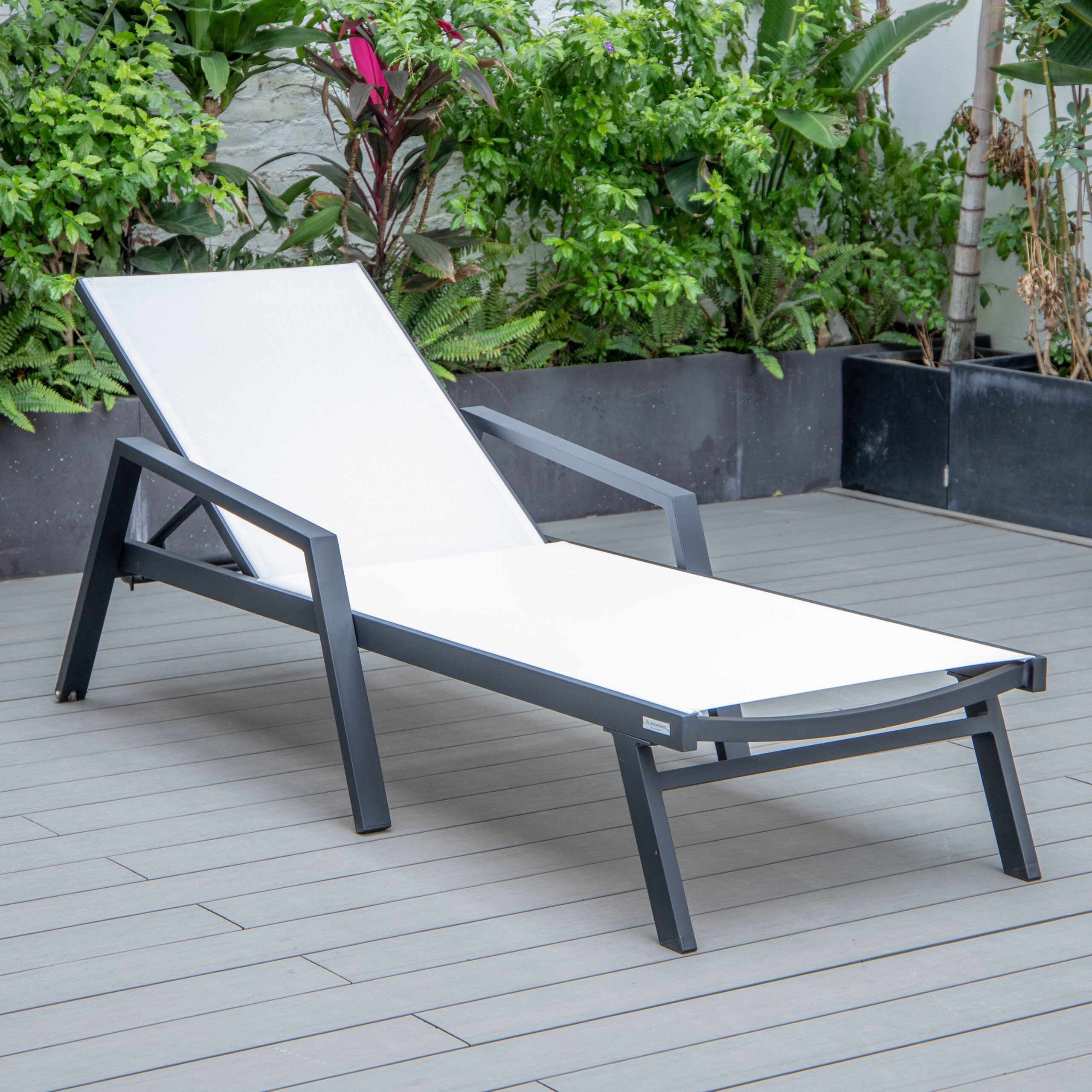 LeisureMod Marlin Patio Chaise Lounge Chair With Armrests In Black Aluminum Frame - White