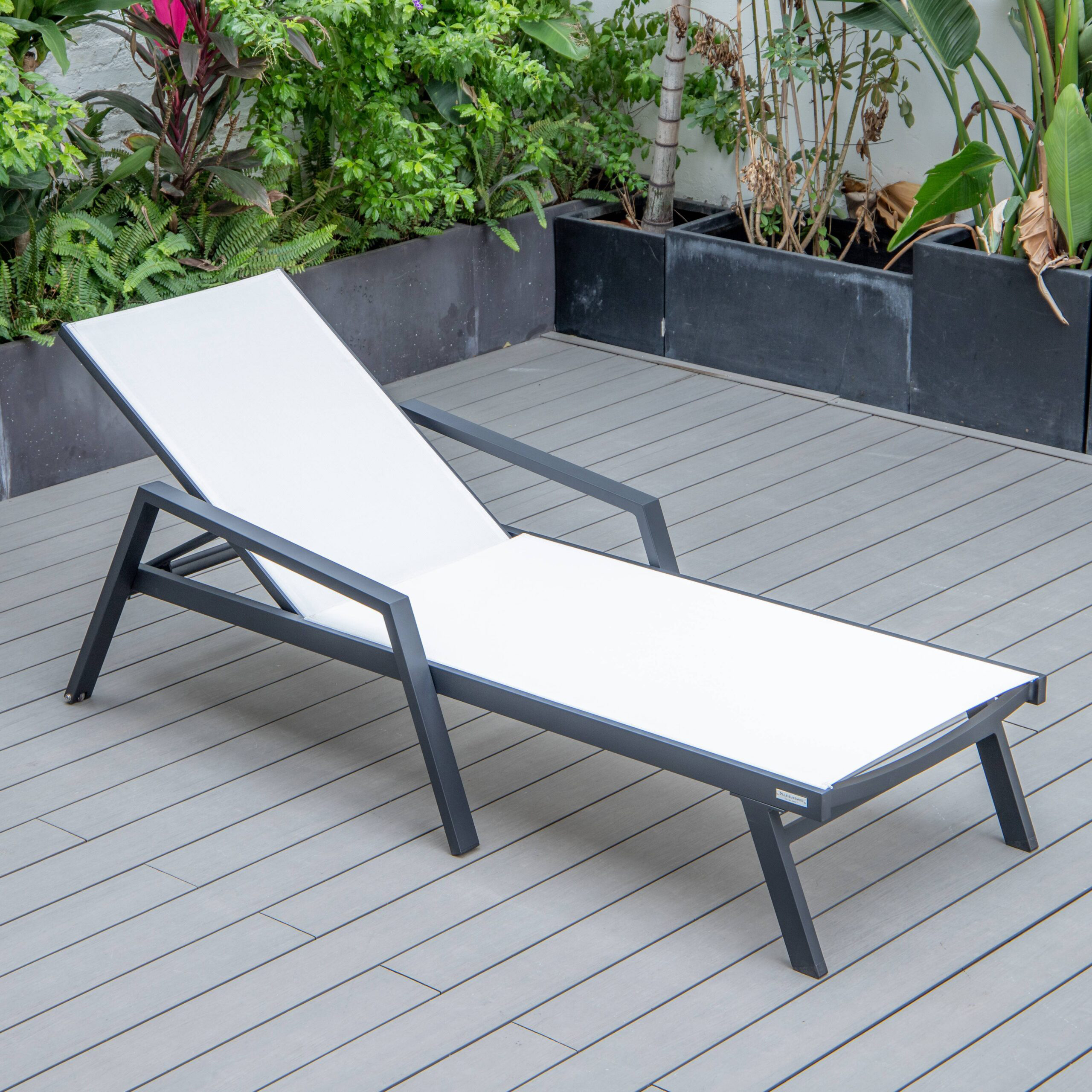 LeisureMod Marlin Patio Chaise Lounge Chair With Armrests In Black Aluminum Frame - White