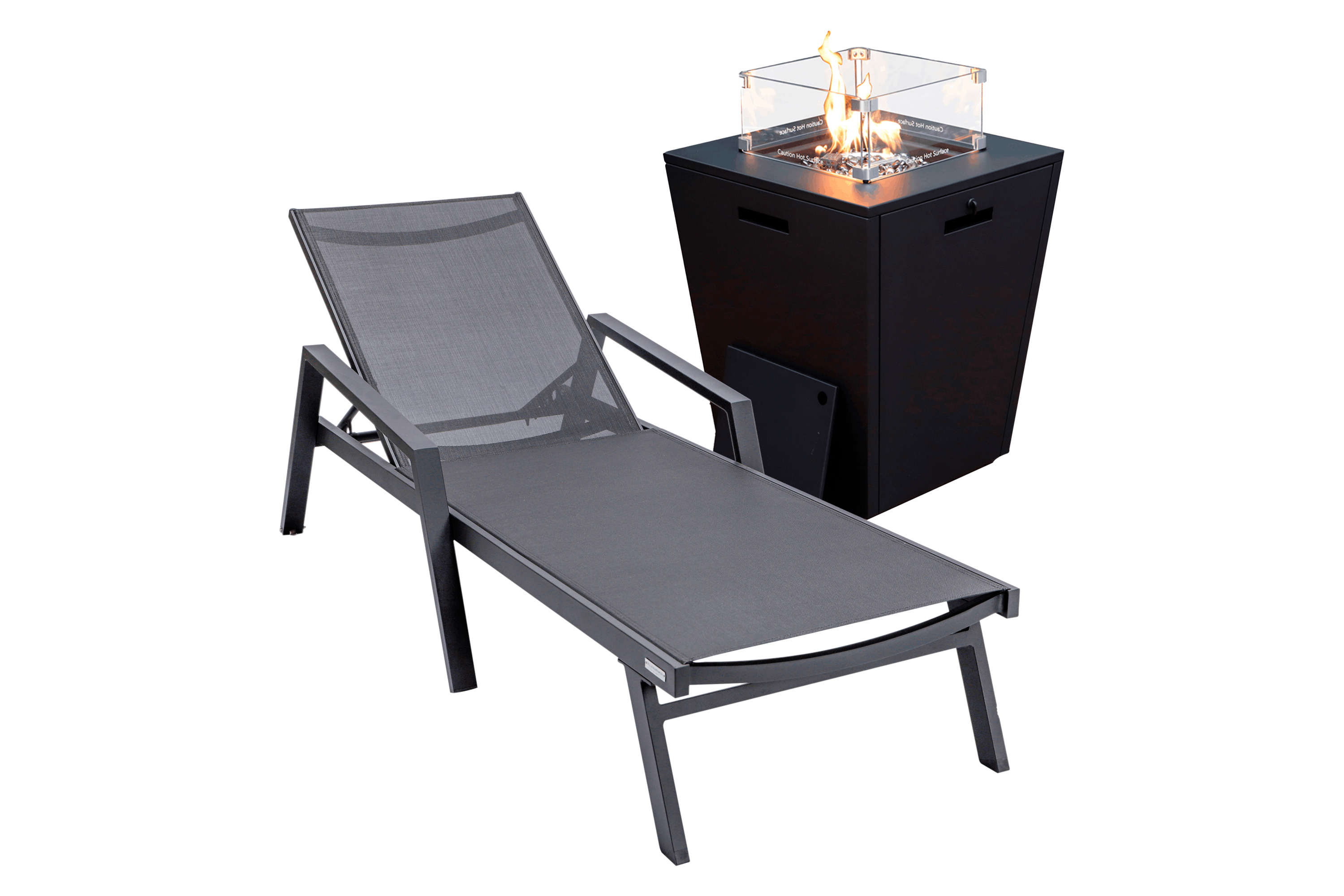 LeisureMod Marlin Modern Black Aluminum Outdoor Chaise Lounge Chair With Arms and Square Fire Pit Side Table for Patio