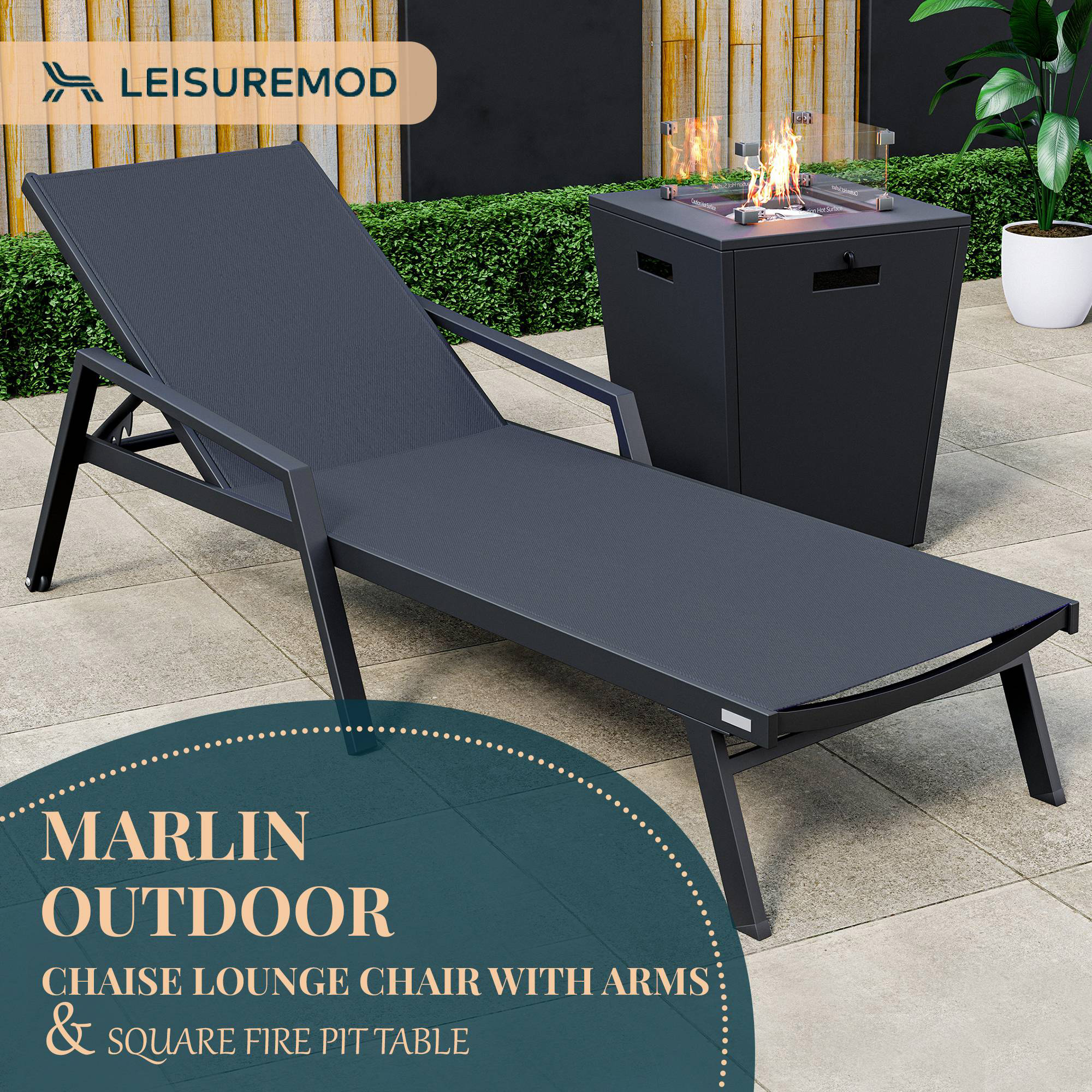 LeisureMod Marlin Modern Black Aluminum Outdoor Chaise Lounge Chair With Arms and Square Fire Pit Side Table for Patio - Black