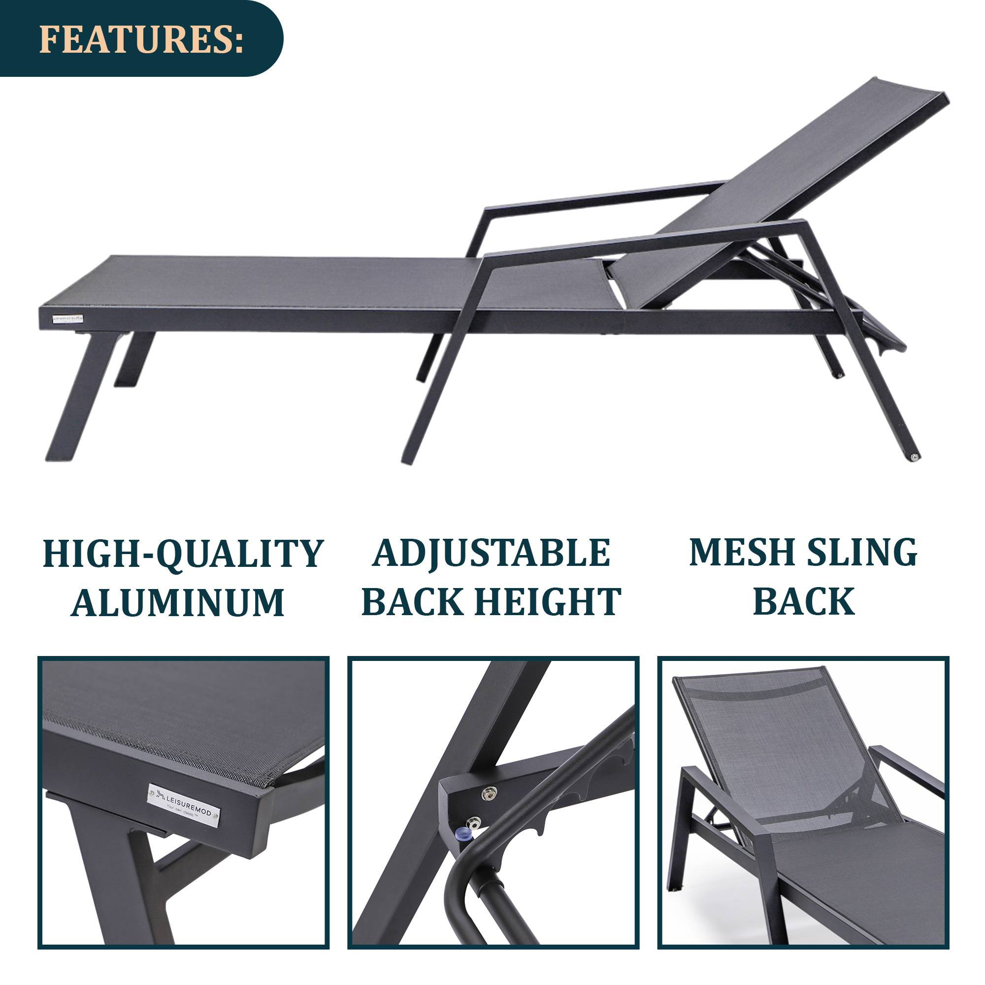 LeisureMod Marlin Modern Black Aluminum Outdoor Chaise Lounge Chair With Arms and Square Fire Pit Side Table for Patio - Black