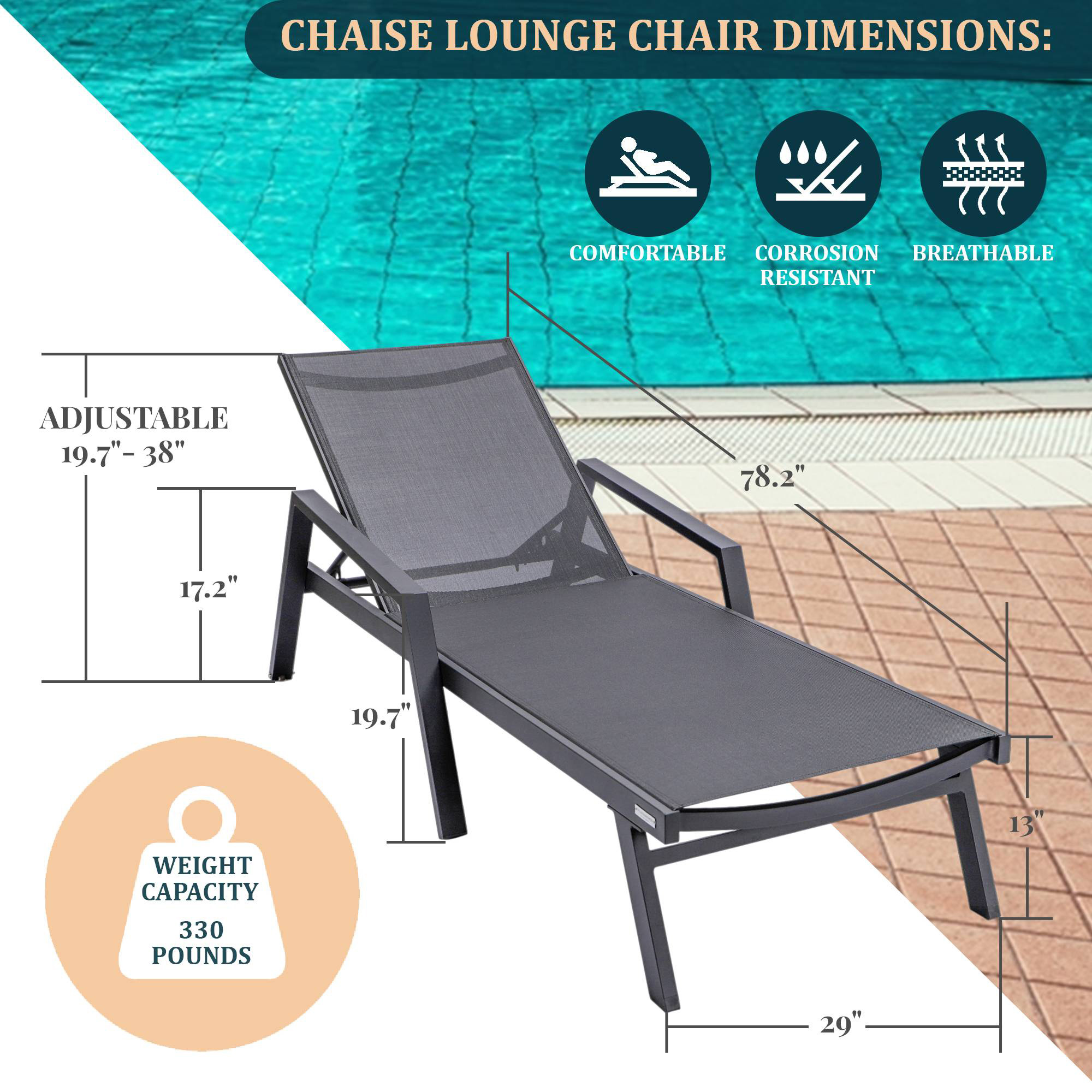 LeisureMod Marlin Modern Black Aluminum Outdoor Chaise Lounge Chair With Arms and Square Fire Pit Side Table for Patio - Black