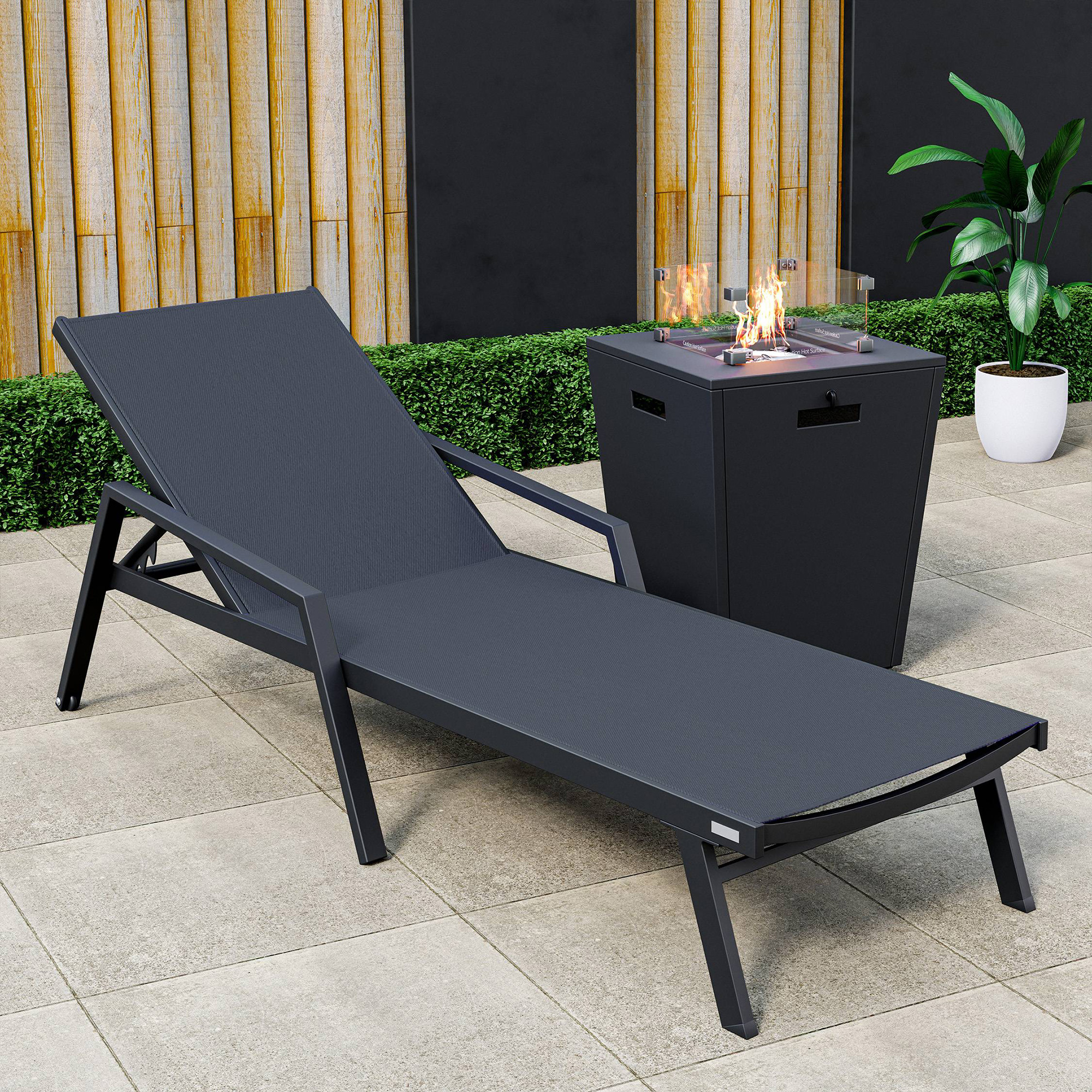 LeisureMod Marlin Modern Black Aluminum Outdoor Chaise Lounge Chair With Arms and Square Fire Pit Side Table for Patio - Black