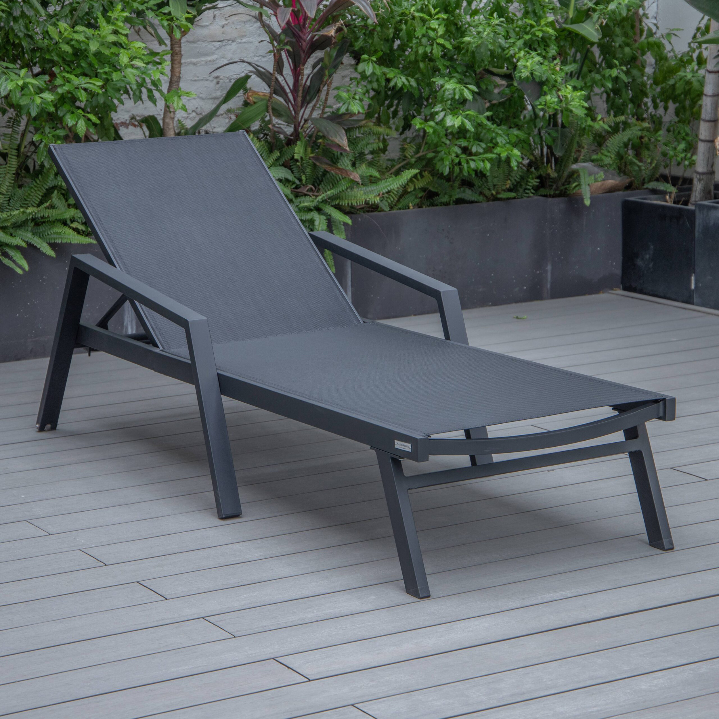 LeisureMod Marlin Modern Black Aluminum Outdoor Chaise Lounge Chair With Arms and Square Fire Pit Side Table for Patio - Black