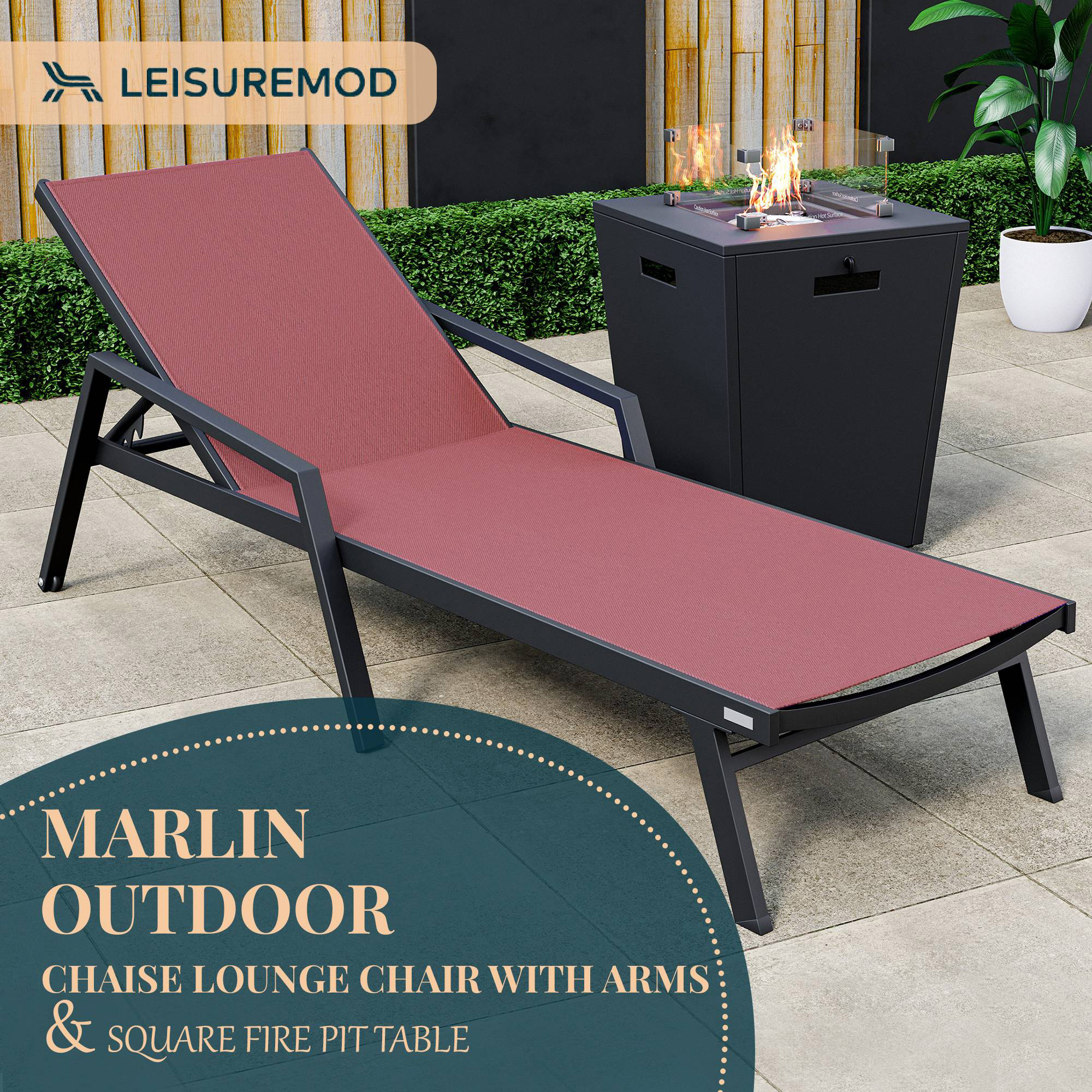 LeisureMod Marlin Modern Black Aluminum Outdoor Chaise Lounge Chair With Arms and Square Fire Pit Side Table for Patio