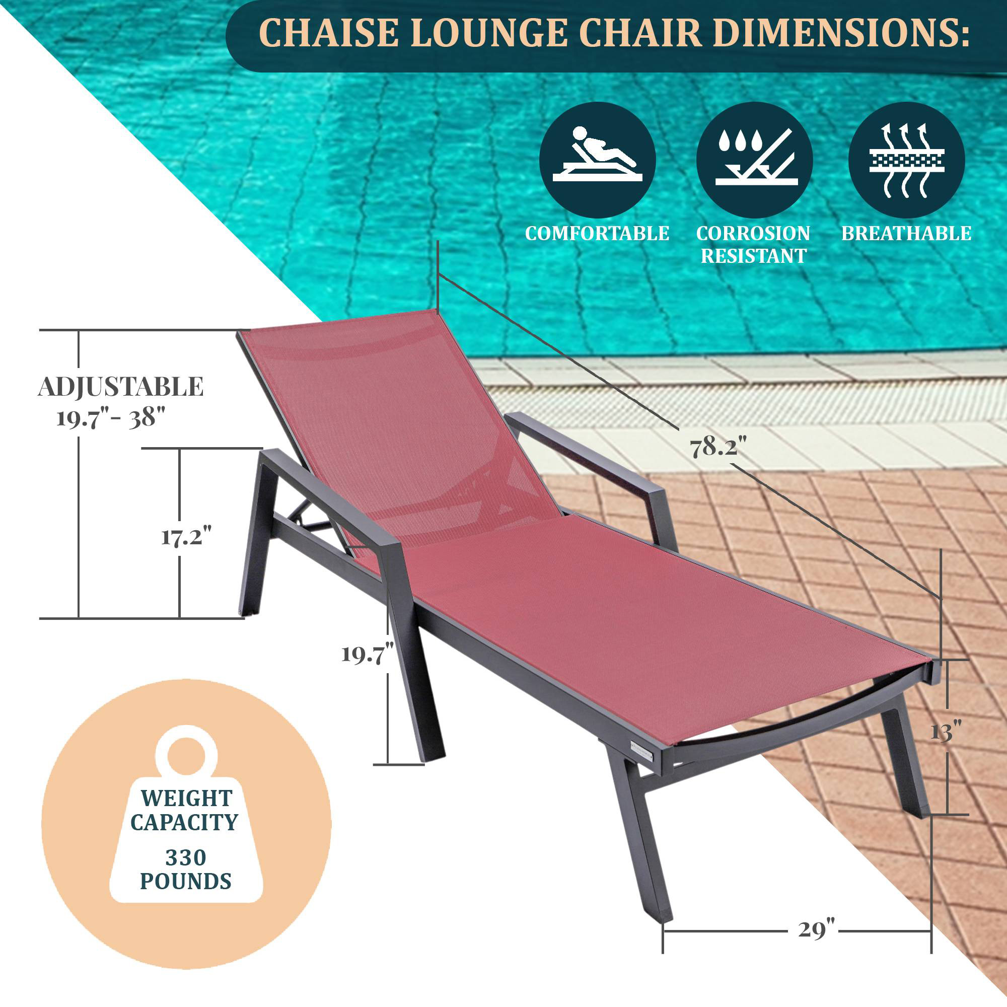 LeisureMod Marlin Modern Black Aluminum Outdoor Chaise Lounge Chair With Arms and Square Fire Pit Side Table for Patio - Burgundy